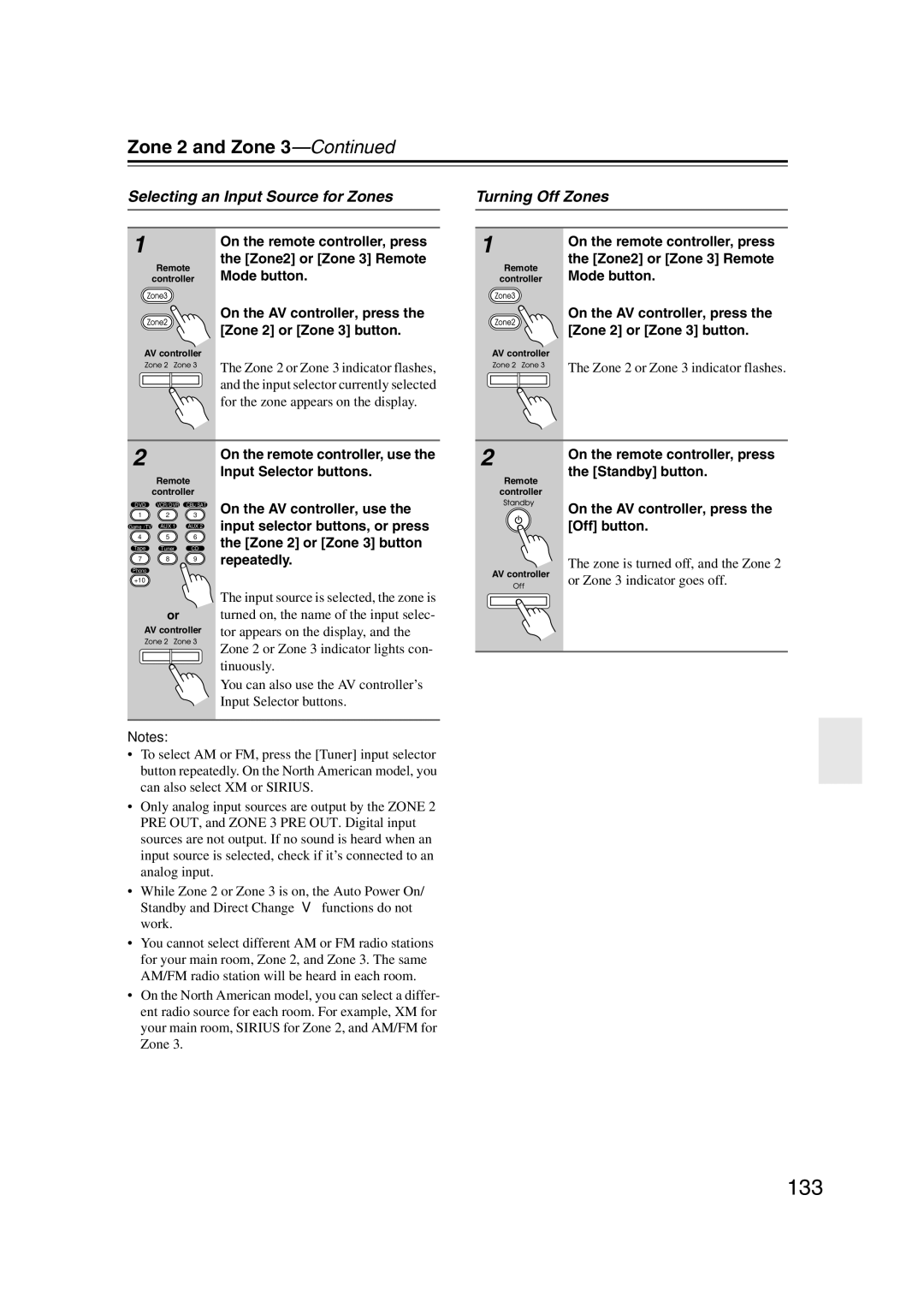 Integra DHC-9.9 133, Selecting an Input Source for Zones Turning Off Zones, On the remote controller, press, Off button 