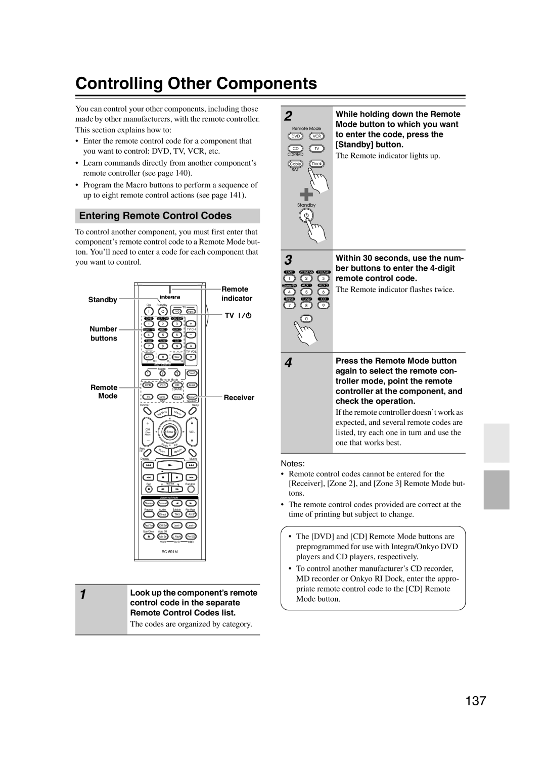 Integra DHC-9.9 instruction manual Controlling Other Components, 137, Entering Remote Control Codes 