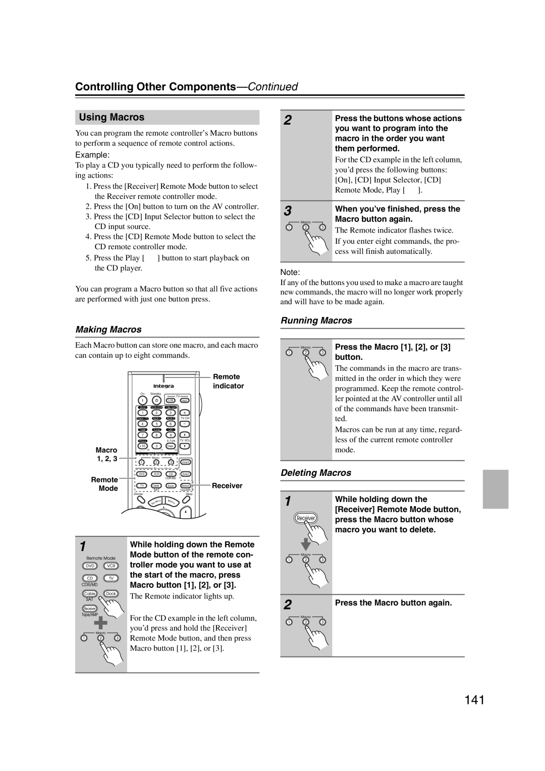 Integra DHC-9.9 instruction manual 141, Using Macros, Making Macros, Running Macros, Deleting Macros 