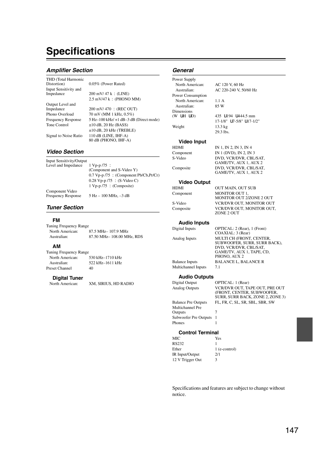 Integra DHC-9.9 instruction manual Specifications, 147 