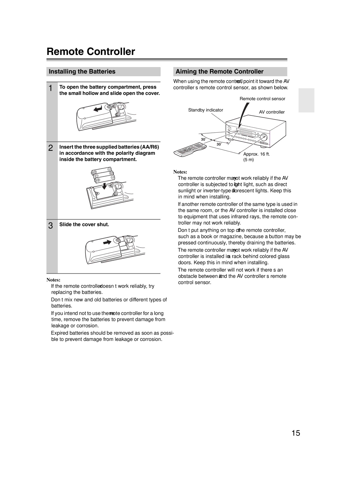 Integra DHC-9.9 instruction manual Installing the Batteries, Aiming the Remote Controller 