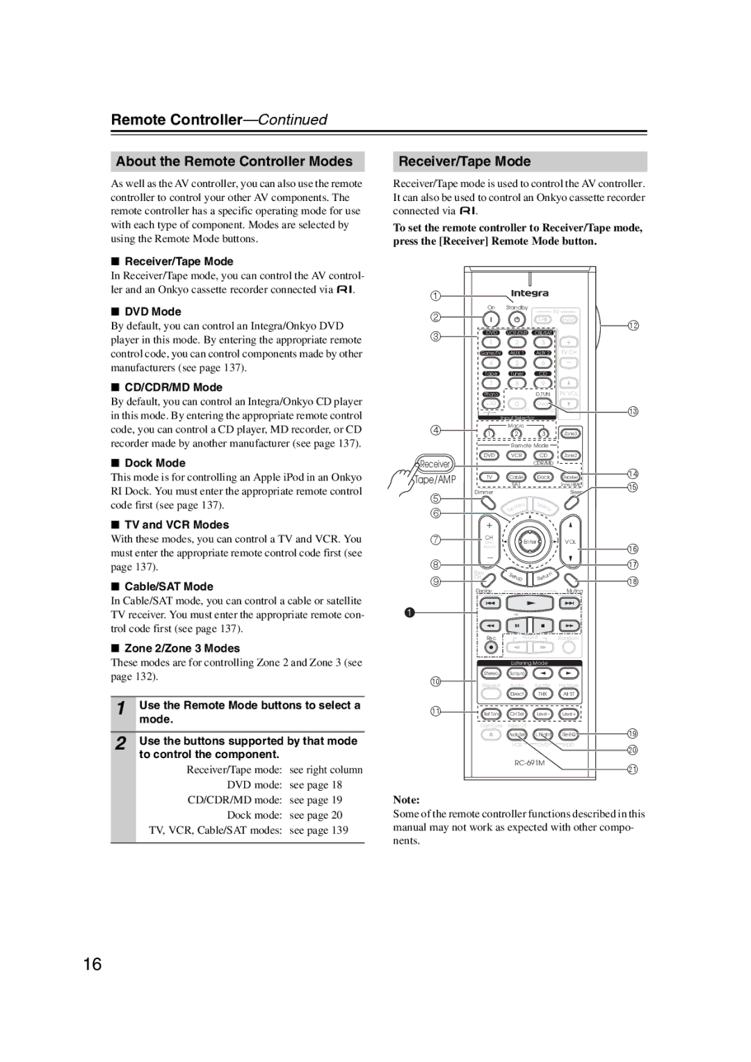 Integra DHC-9.9 instruction manual About the Remote Controller Modes, Receiver/Tape Mode 