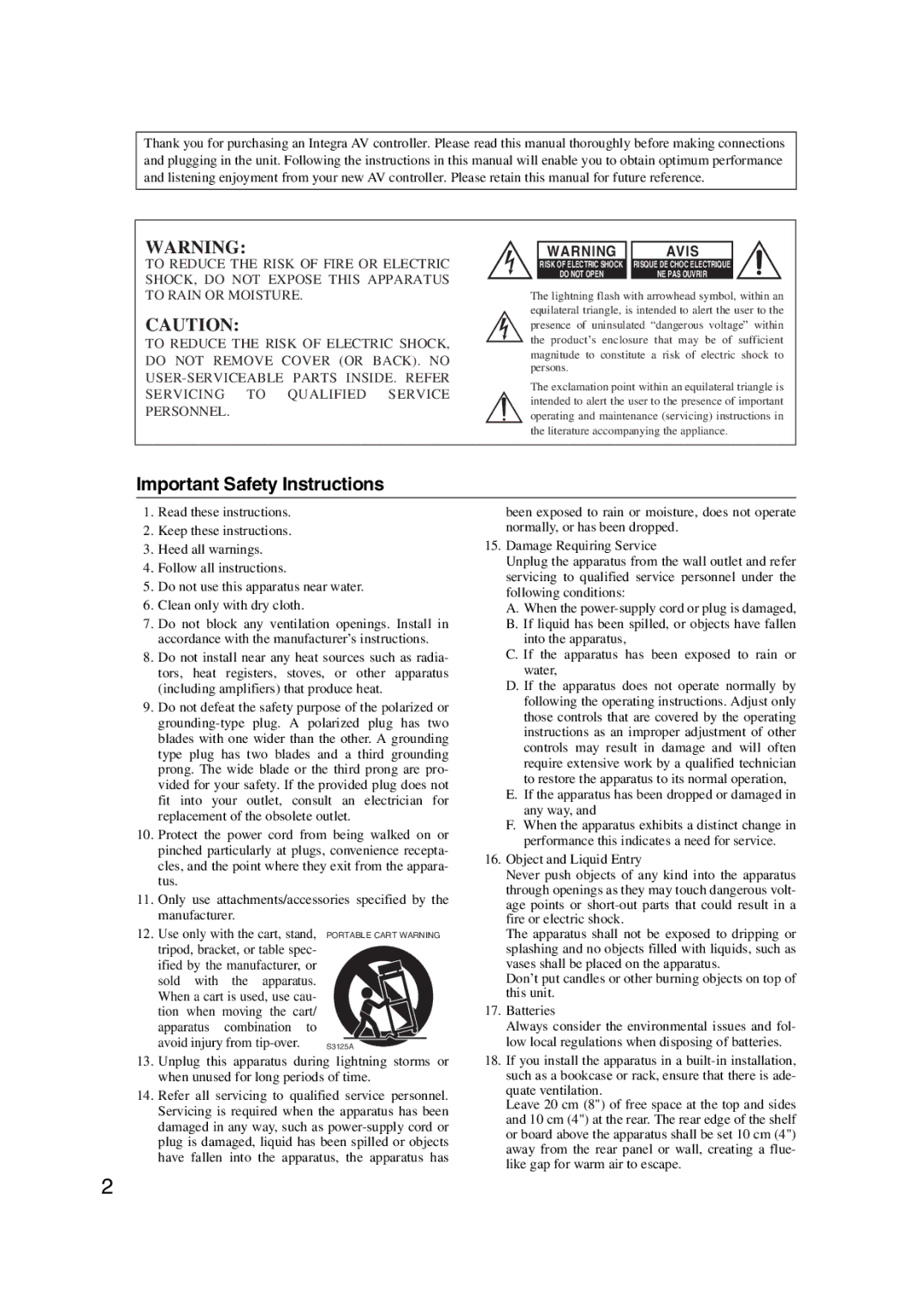 Integra DHC-9.9 instruction manual Important Safety Instructions 