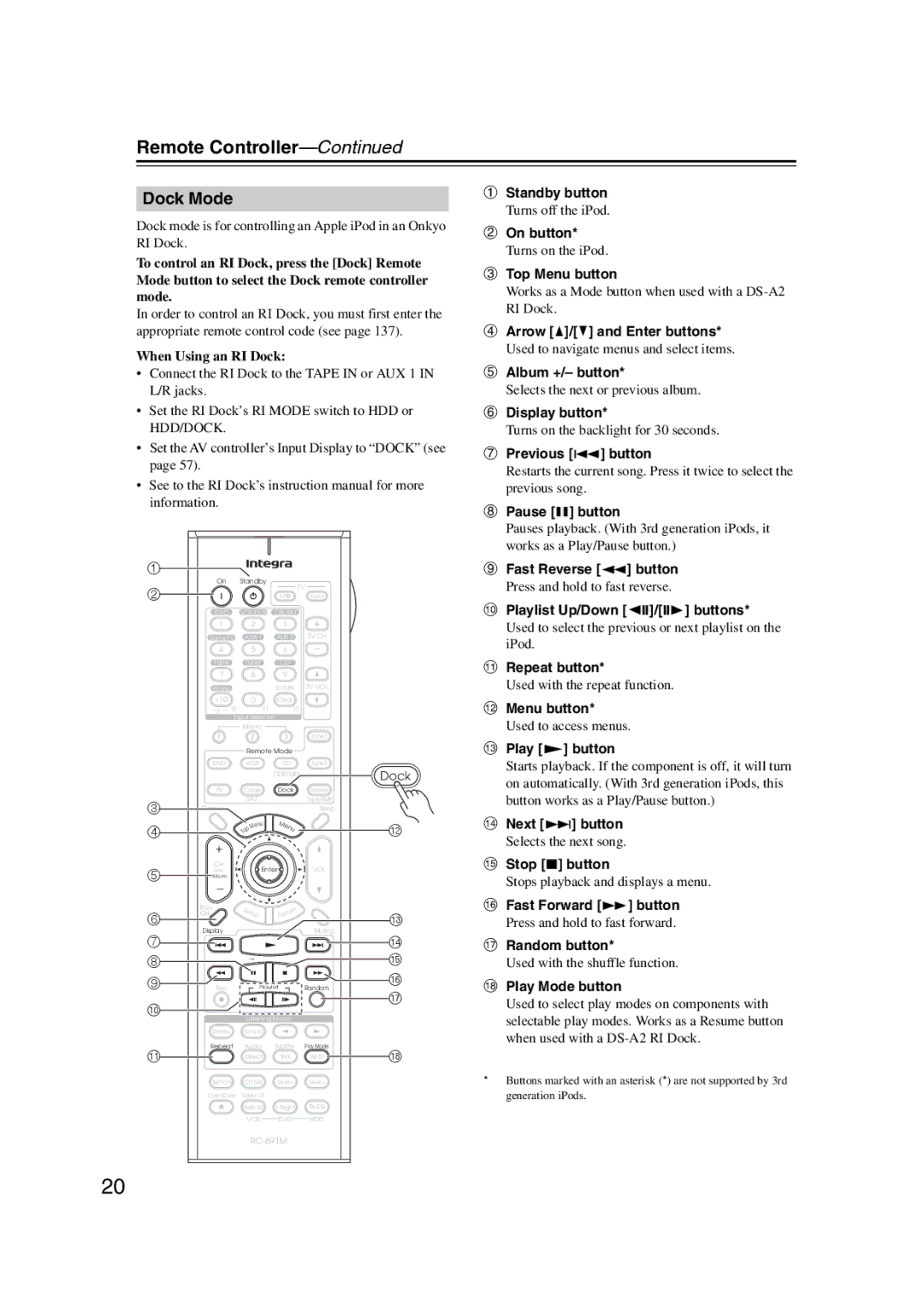 Integra DHC-9.9 Dock Mode, Arrow q/w and Enter buttons, Album +/- button, Previous 7 button, Pause 3 button 