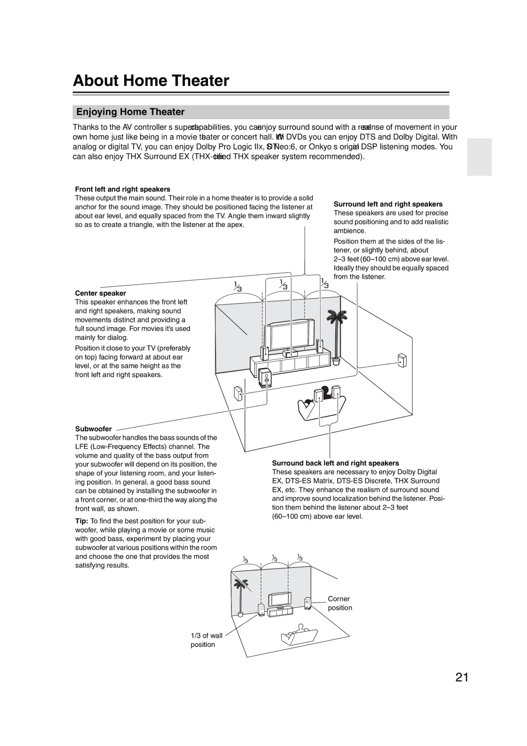 Integra DHC-9.9 instruction manual About Home Theater, Enjoying Home Theater, Surround back left and right speakers 