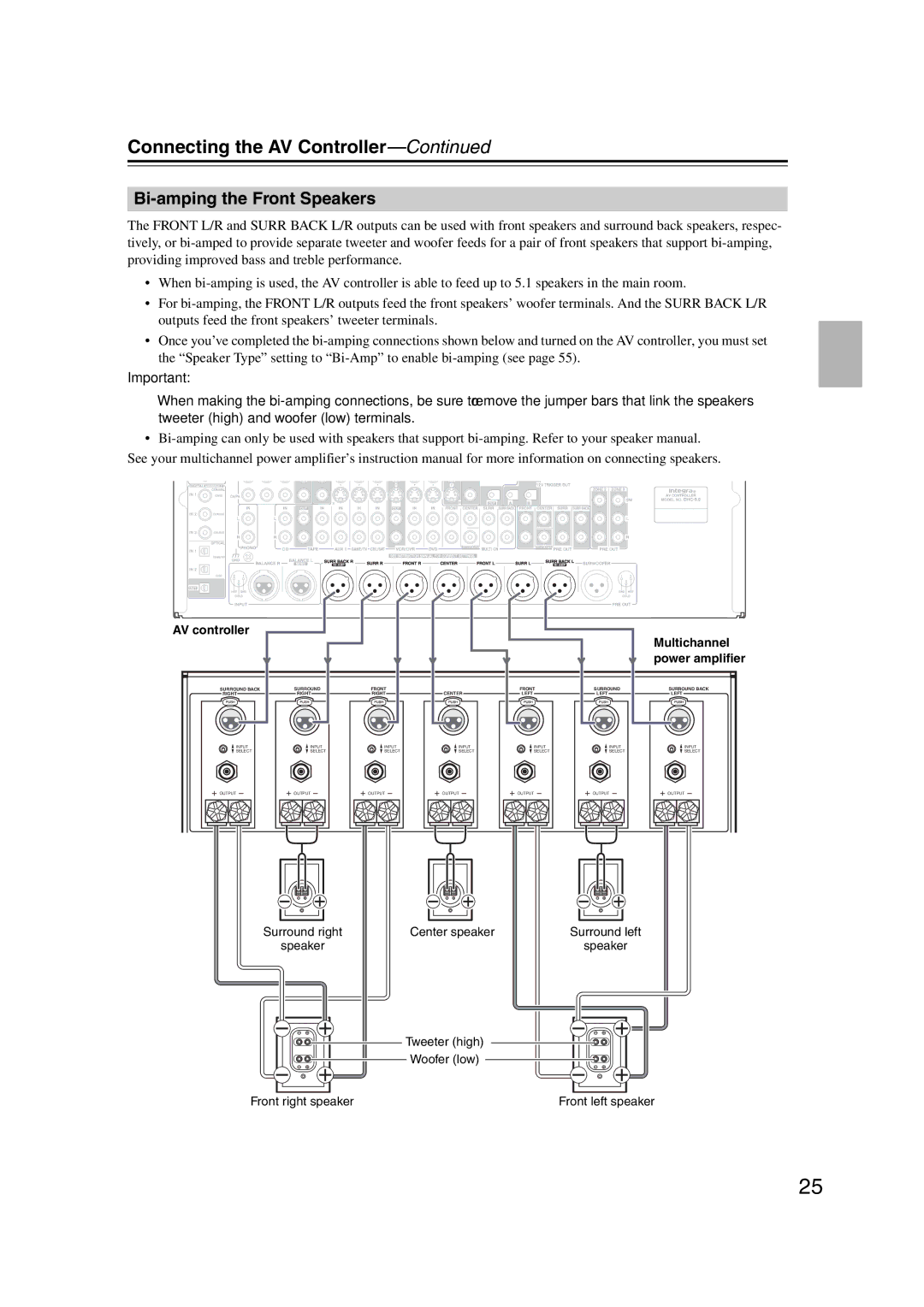 Integra DHC-9.9 instruction manual Bi-amping the Front Speakers, AV controller 