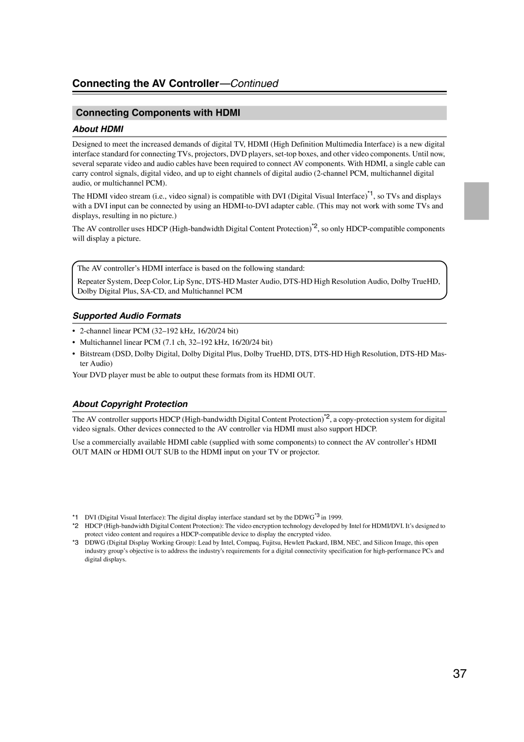 Integra DHC-9.9 Connecting Components with Hdmi, About Hdmi, Supported Audio Formats, About Copyright Protection 