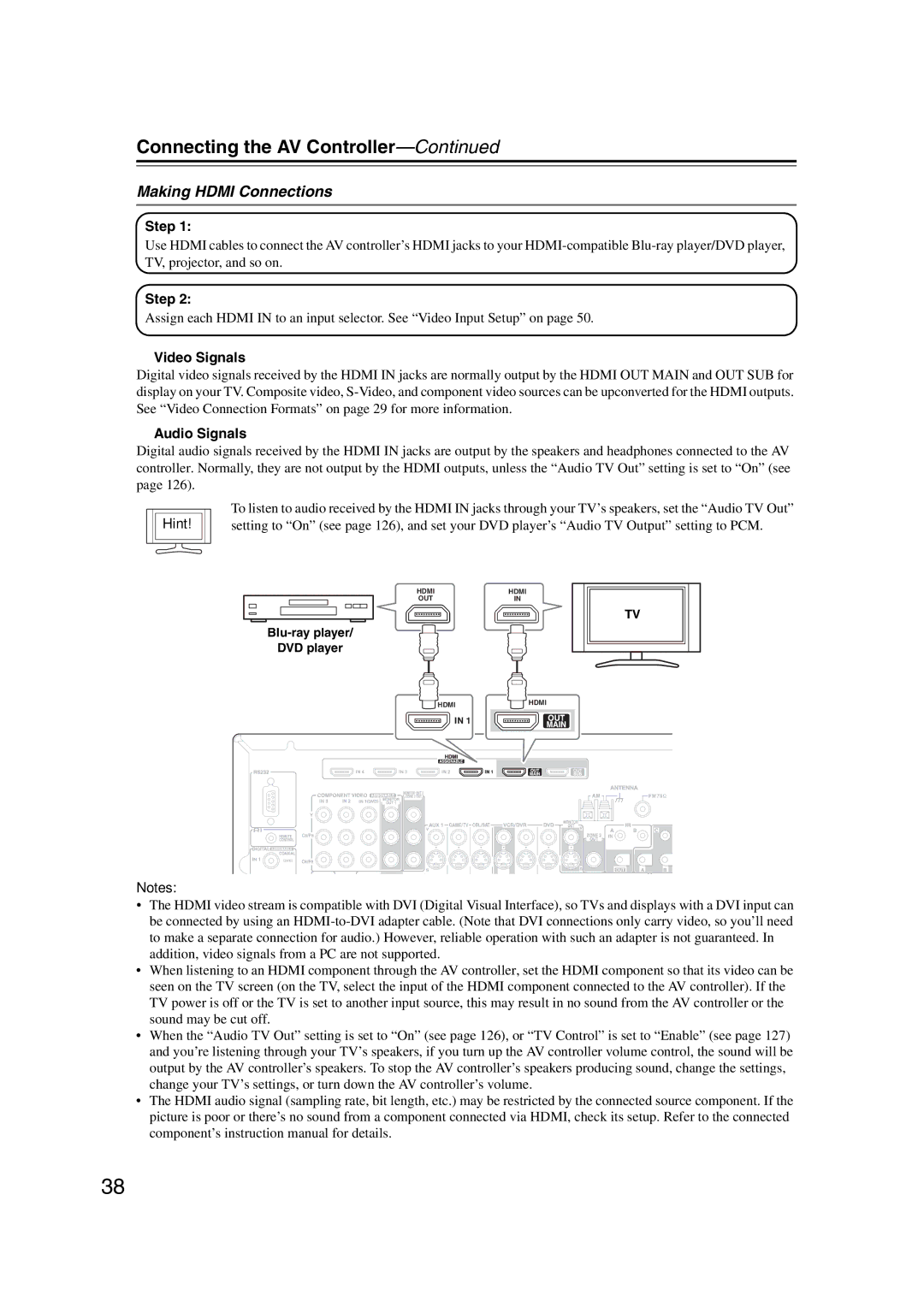 Integra DHC-9.9 instruction manual Making Hdmi Connections, Step, Video Signals, Audio Signals, Blu-ray player DVD player 