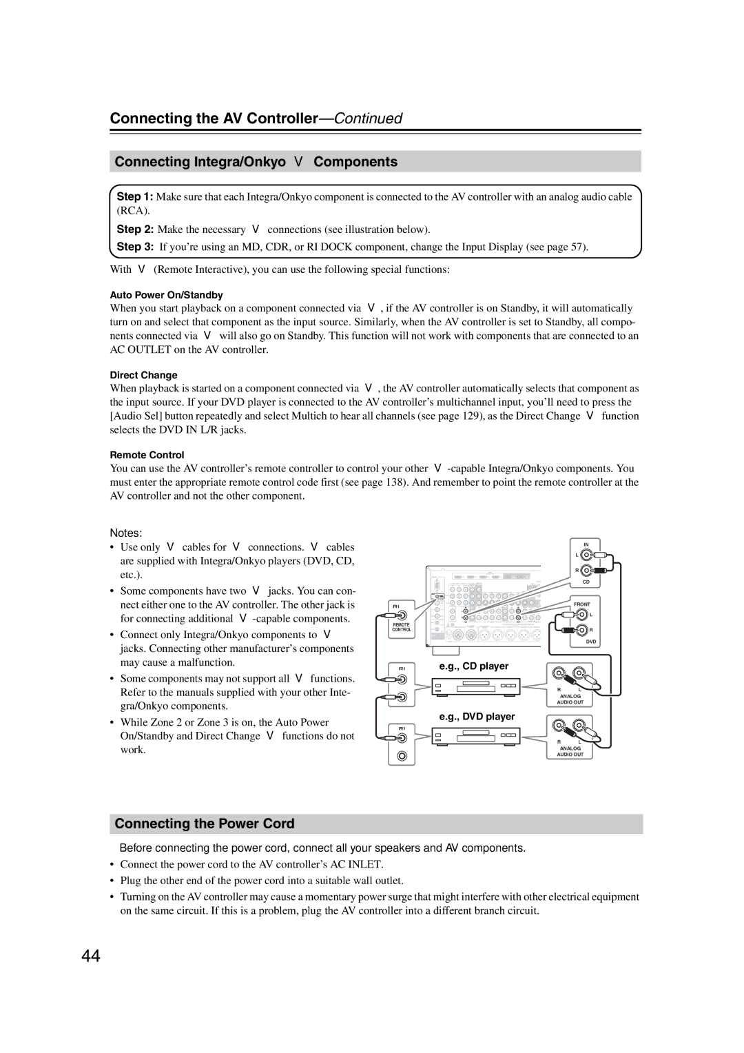 Integra DHC-9.9 instruction manual Connecting Integra/Onkyo u Components, Connecting the Power Cord 