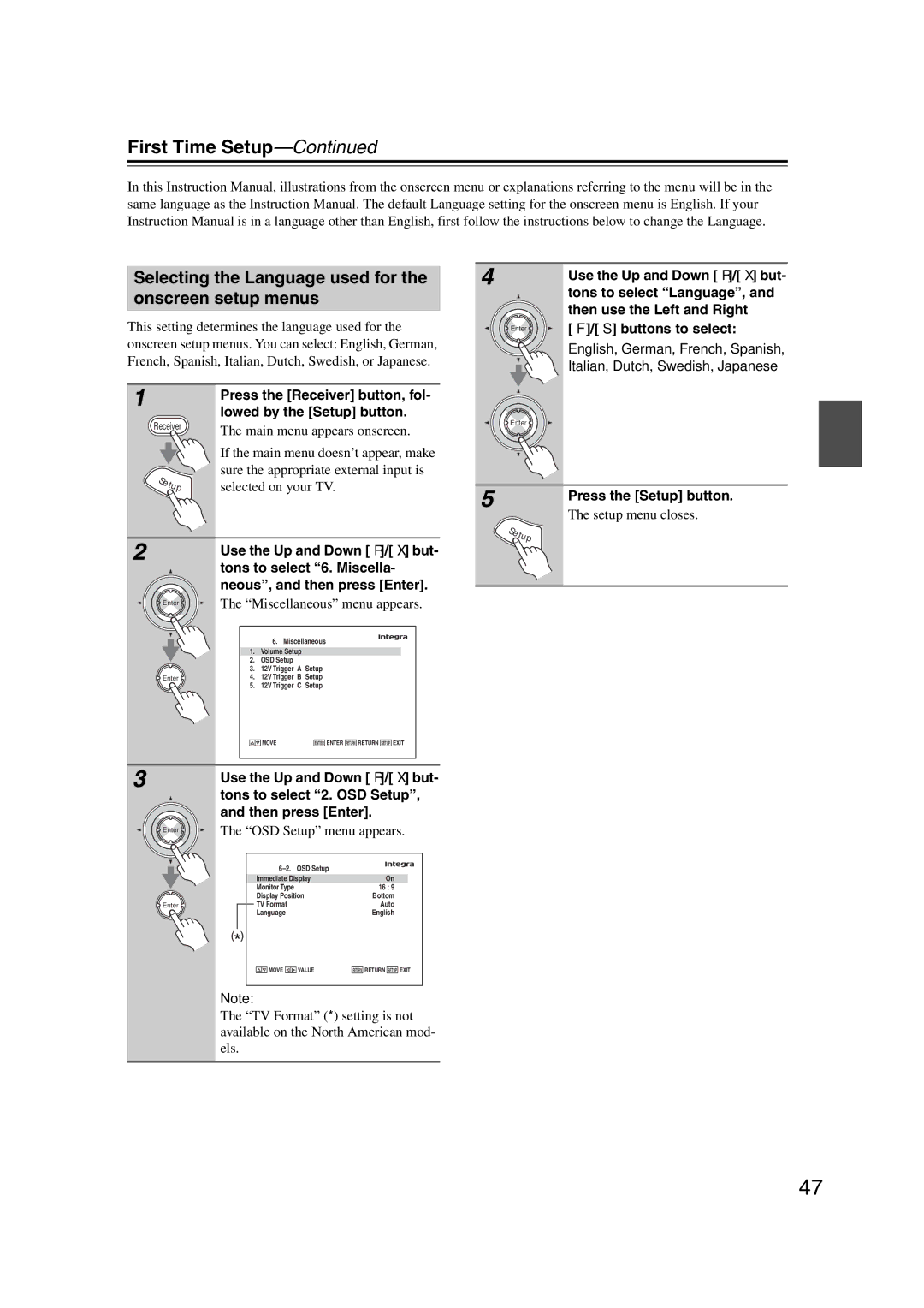 Integra DHC-9.9 instruction manual First Time Setup, Selecting the Language used for the onscreen setup menus 