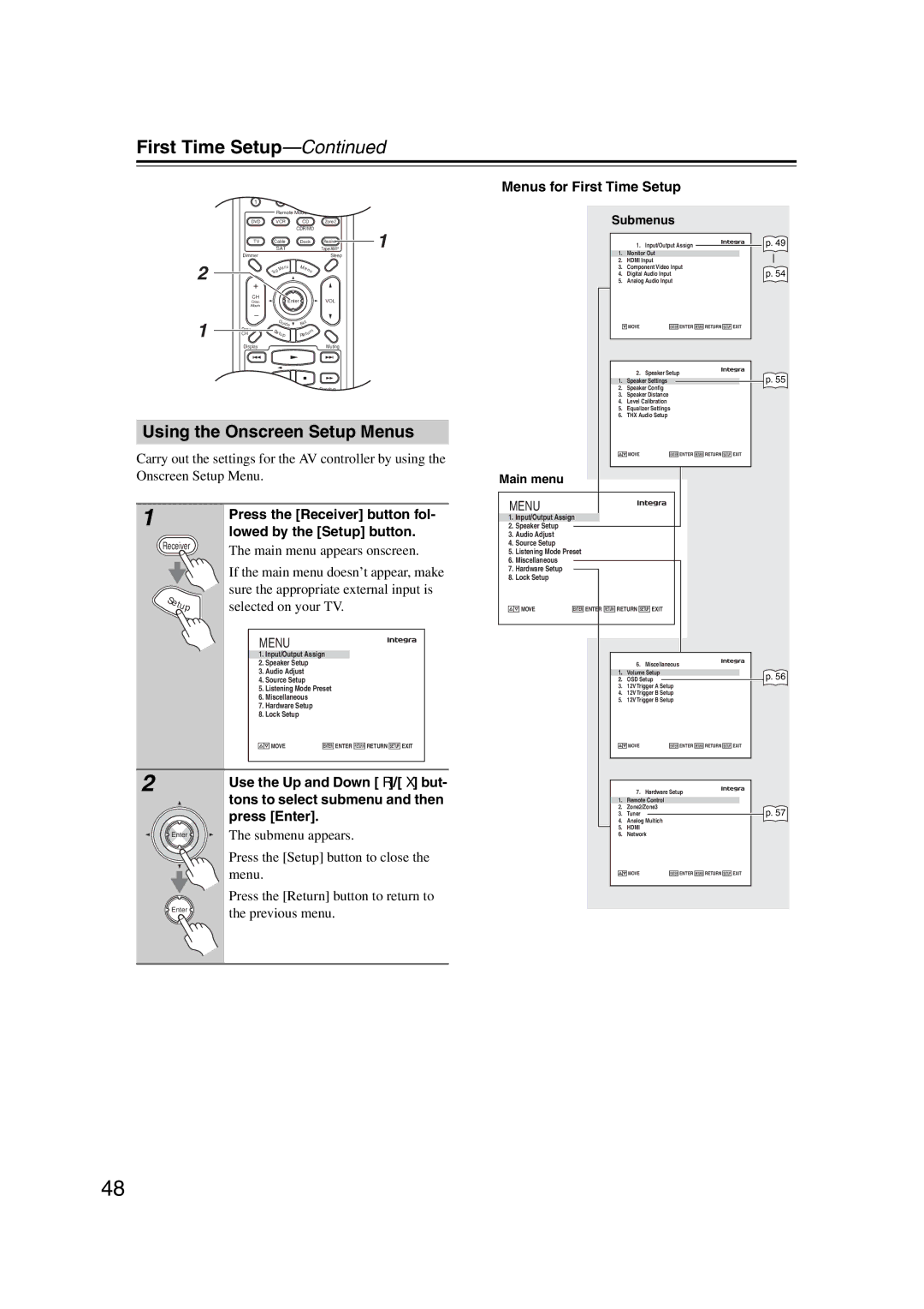 Integra DHC-9.9 instruction manual Using the Onscreen Setup Menus, Menus for First Time Setup, Submenus, Main menu 