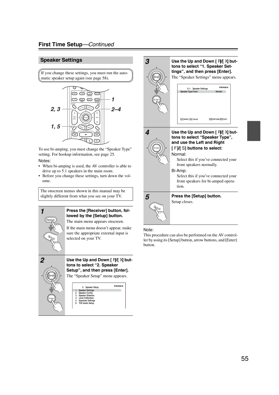 Integra DHC-9.9 Speaker Settings, Tons to select 1. Speaker Set, Tings, and then press Enter, Tons to select Speaker Type 