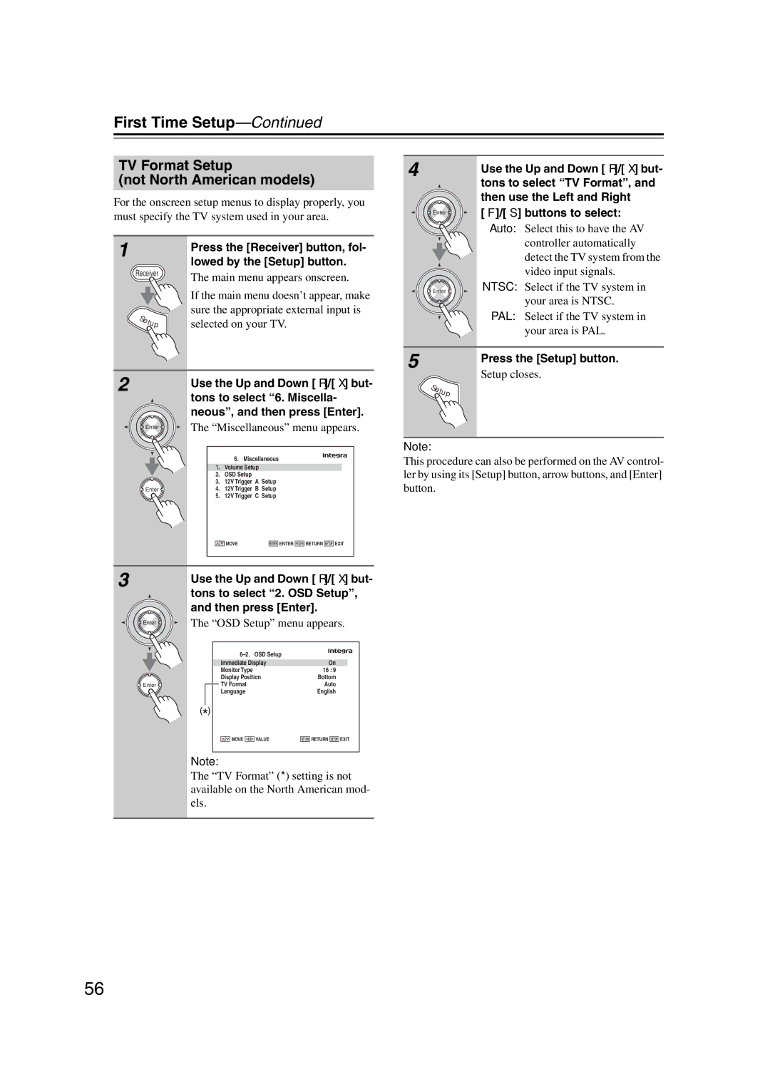 Integra DHC-9.9 instruction manual TV Format Setup Not North American models, Miscellaneous menu appears 