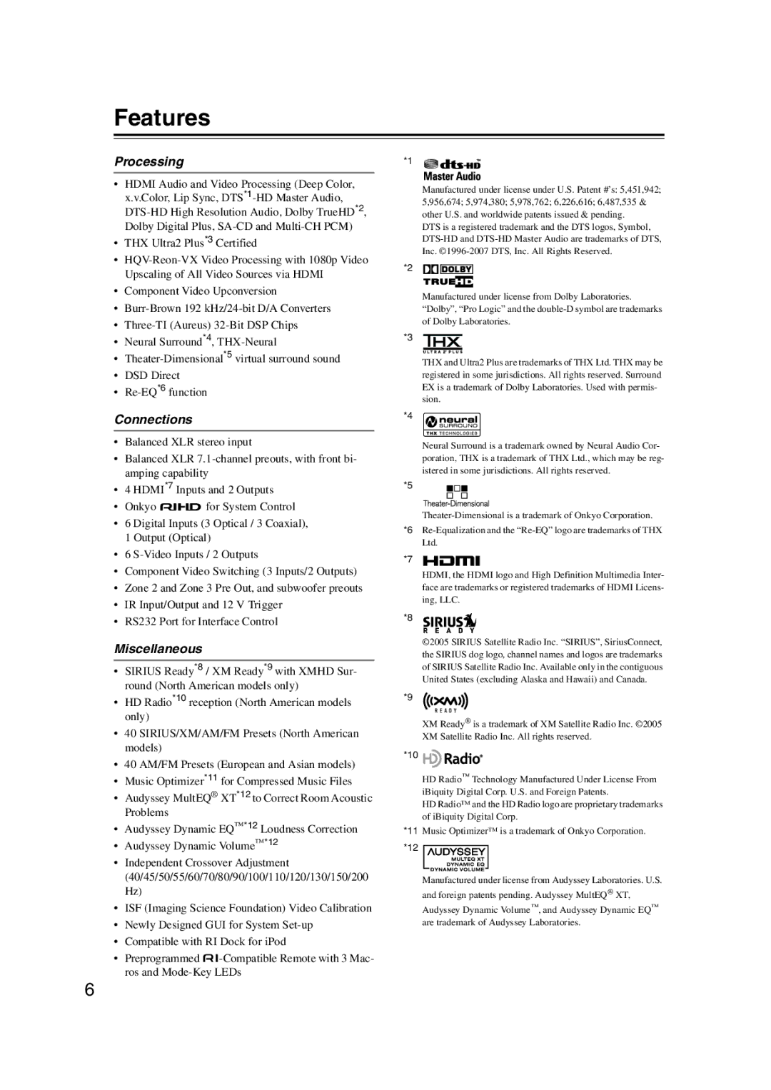 Integra DHC-9.9 instruction manual Features, Processing, Connections, Miscellaneous 