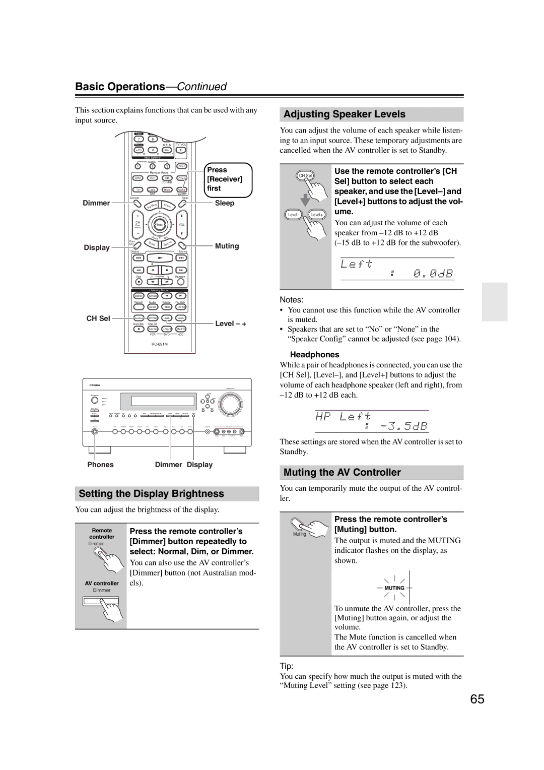 Integra DHC-9.9 Basic Operations, Adjusting Speaker Levels, Setting the Display Brightness, Muting the AV Controller 