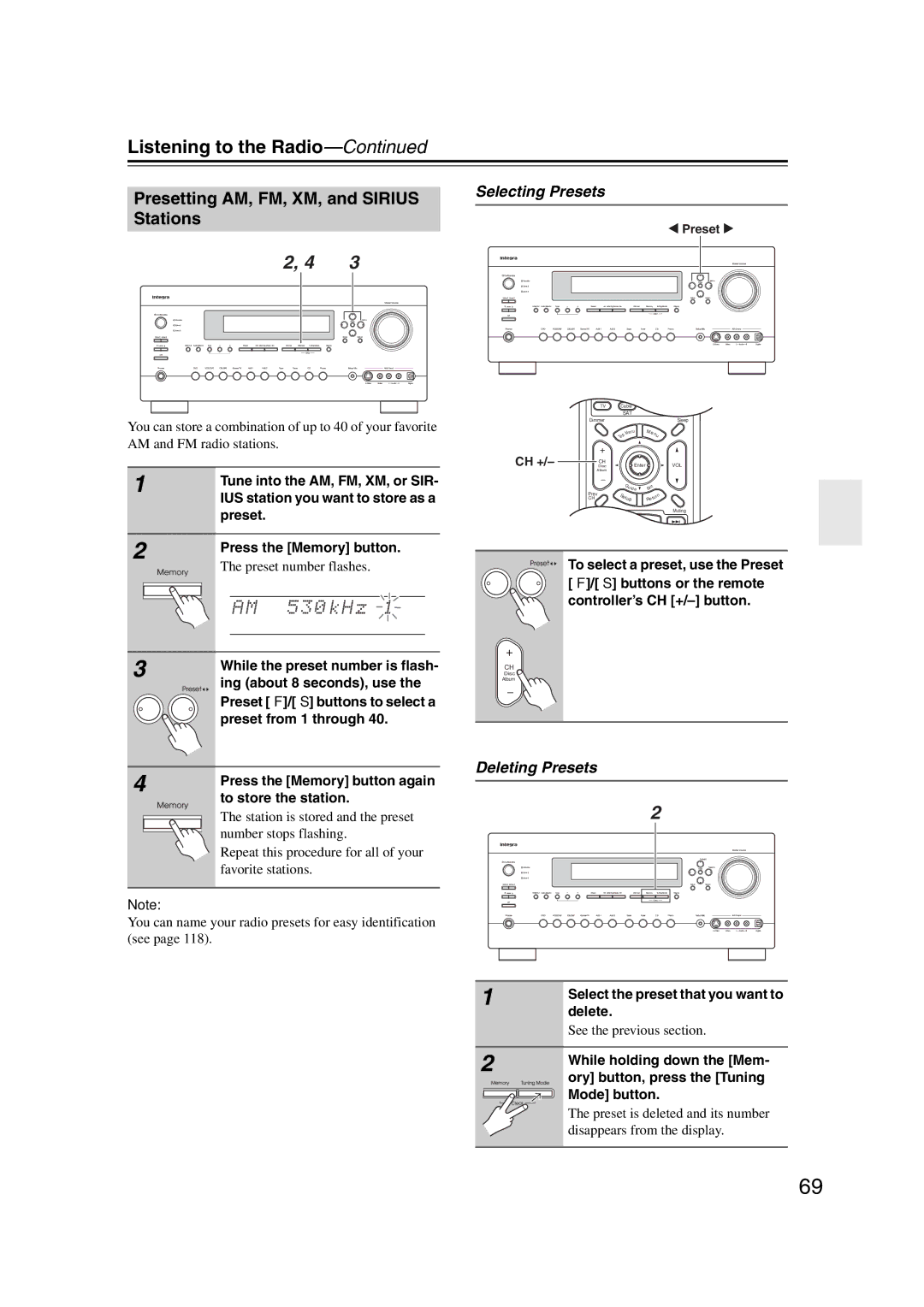 Integra DHC-9.9 instruction manual Presetting AM, FM, XM, and Sirius Stations, Selecting Presets, Deleting Presets 