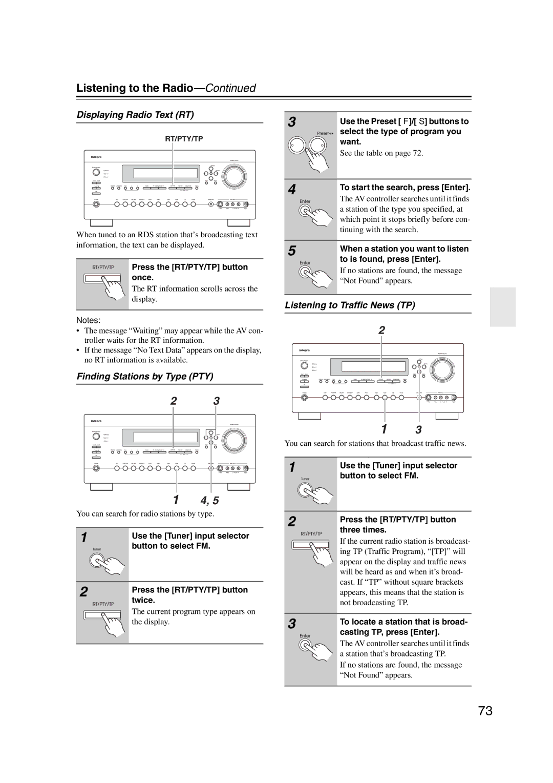 Integra DHC-9.9 instruction manual Displaying Radio Text RT, Finding Stations by Type PTY, Listening to Traffic News TP 