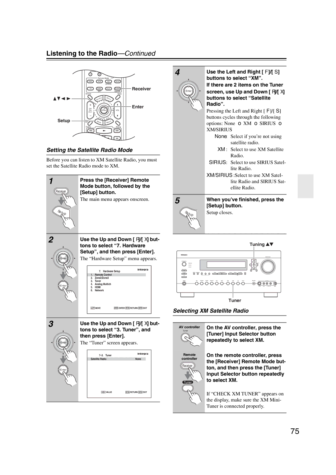 Integra DHC-9.9 instruction manual Setting the Satellite Radio Mode, Selecting XM Satellite Radio, Tuner screen appears 