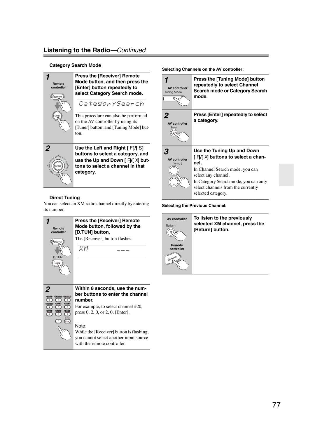 Integra DHC-9.9 Category Search Mode, Press the Tuning Mode button, Repeatedly to select Channel, Direct Tuning, Number 