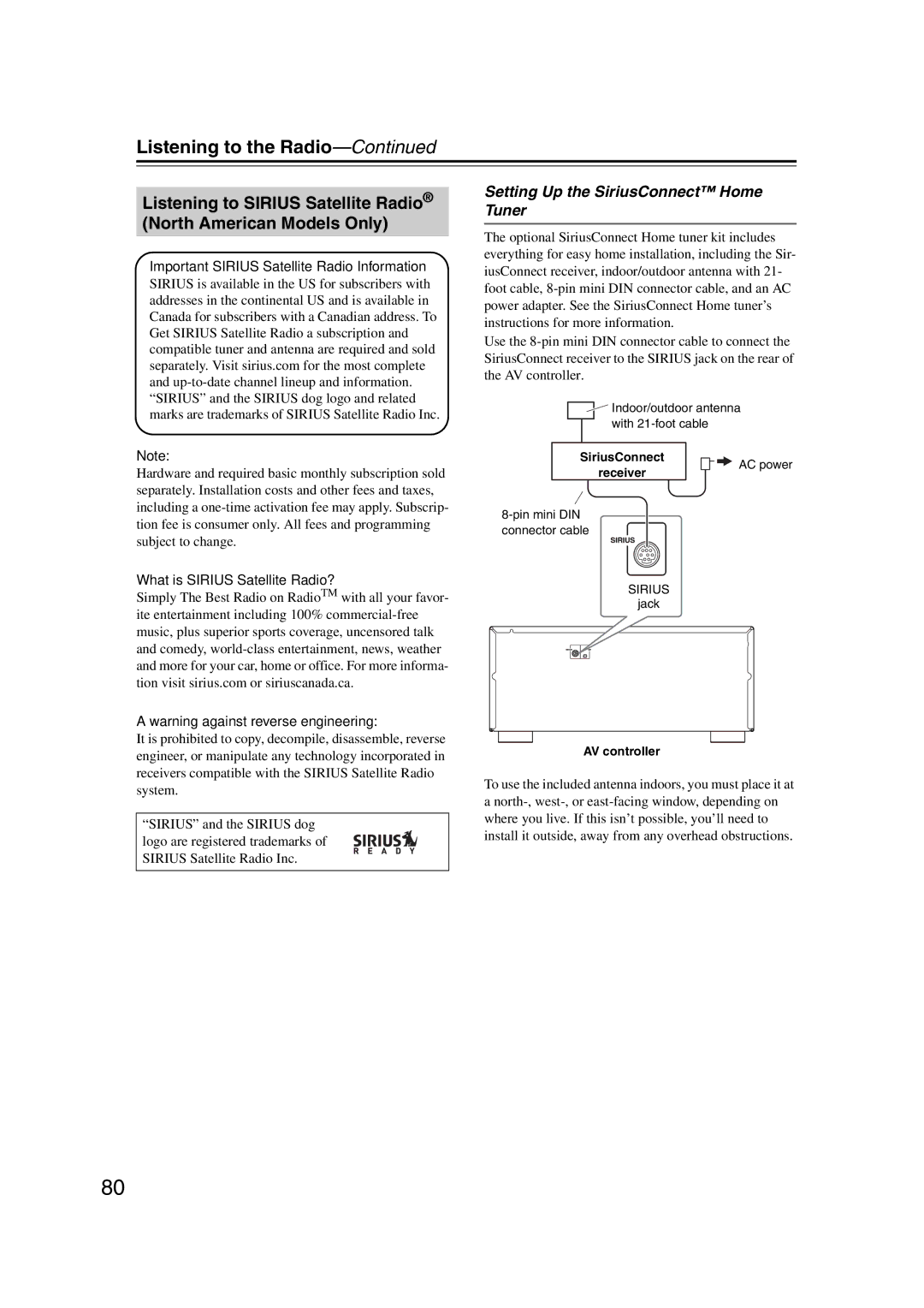 Integra DHC-9.9 instruction manual Setting Up the SiriusConnect Home Tuner, Important Sirius Satellite Radio Information 