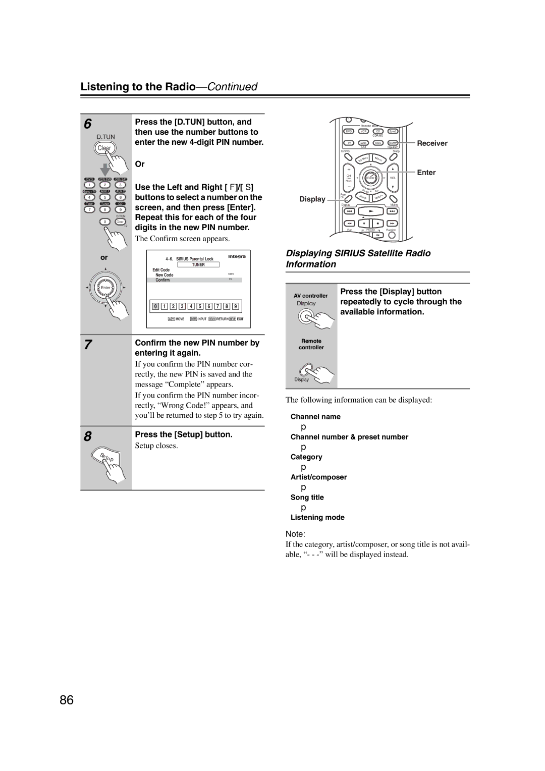 Integra DHC-9.9 instruction manual Displaying Sirius Satellite Radio Information, Digits in the new PIN number 