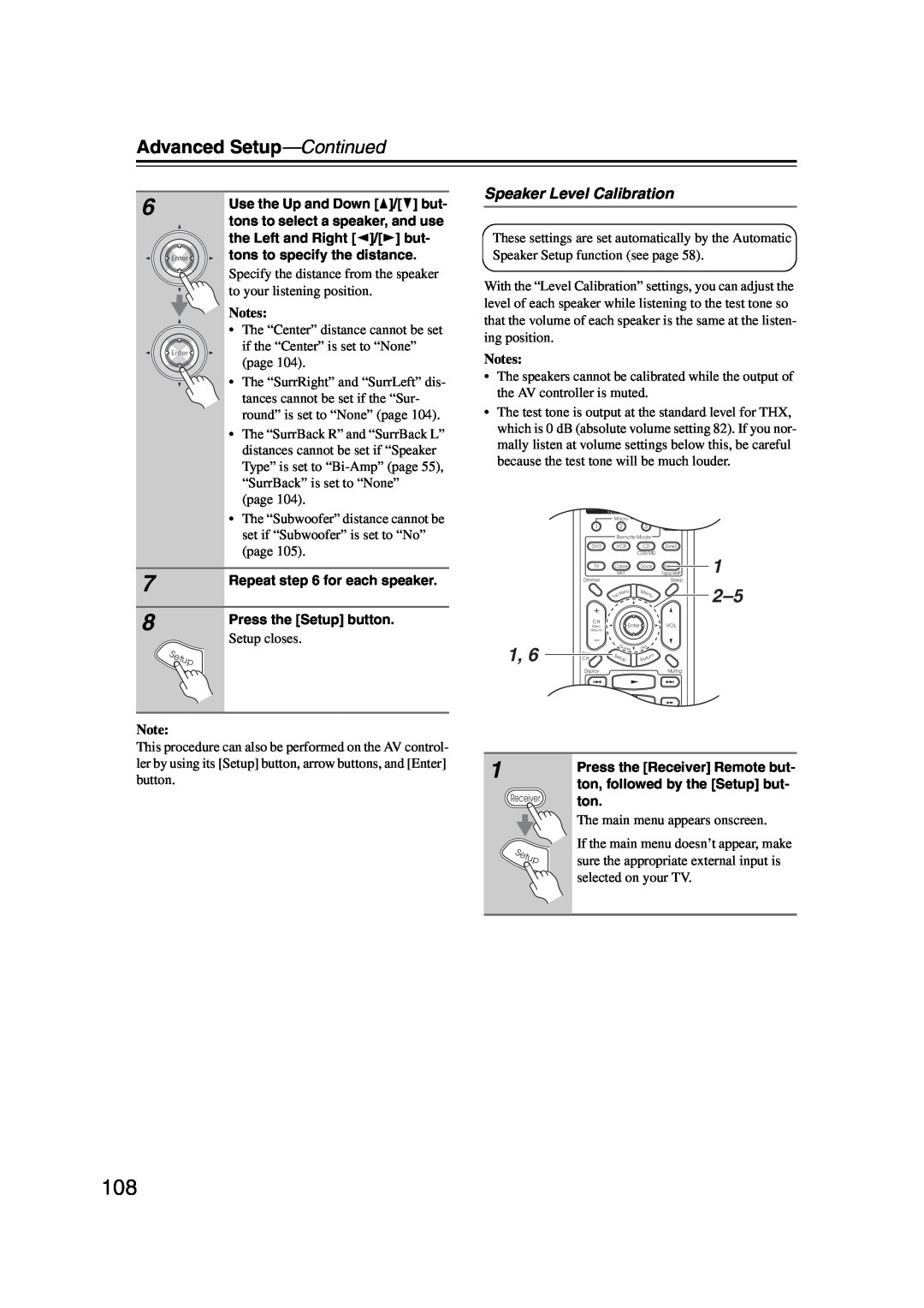 Integra DHC-9.9 instruction manual Speaker Level Calibration, Advanced Setup—Continued, Notes 