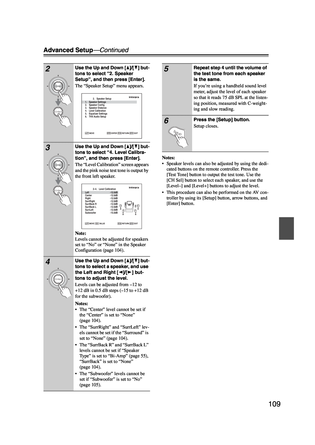 Integra DHC-9.9 instruction manual the front left speaker, Advanced Setup—Continued, Notes 