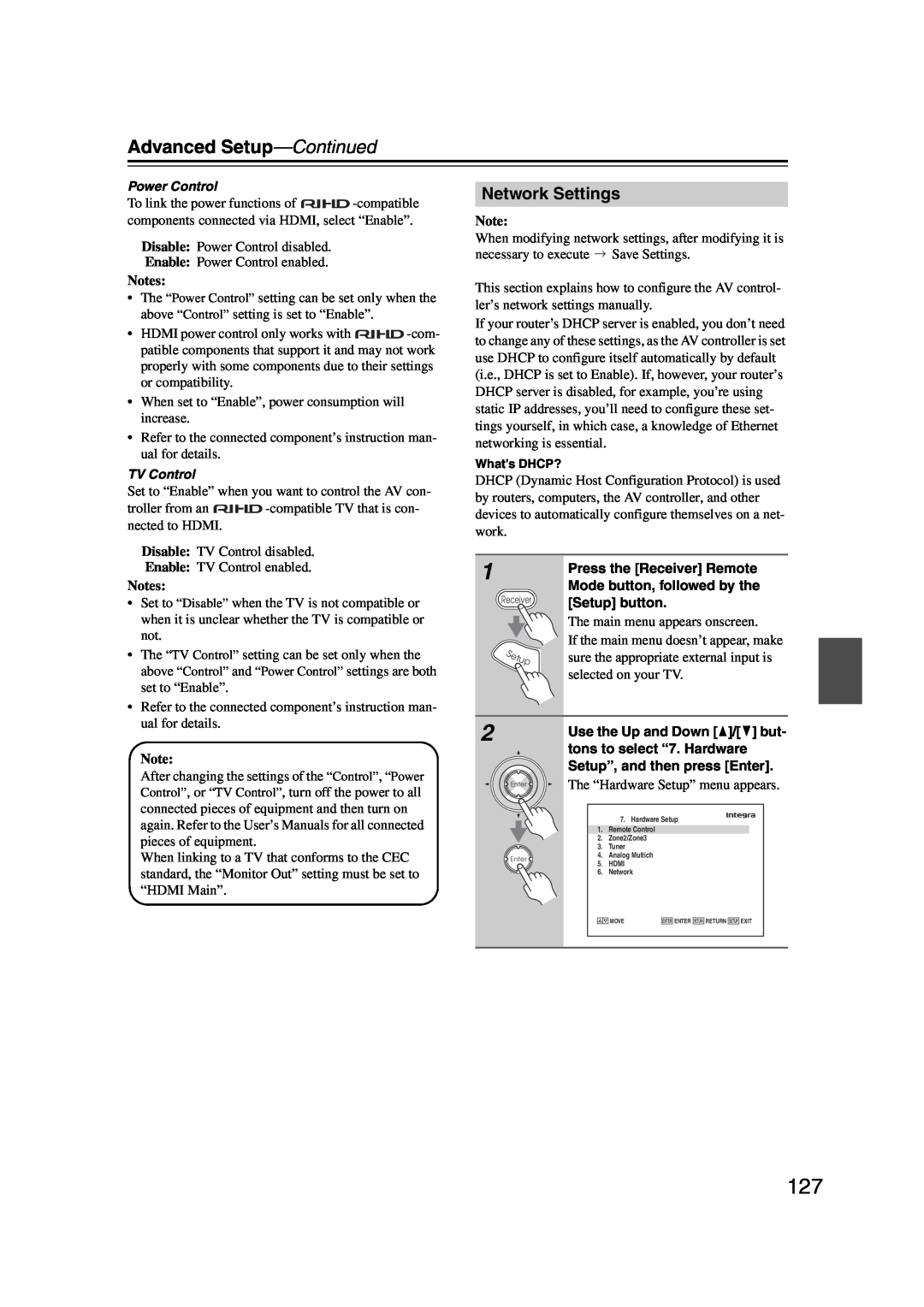 Integra DHC-9.9 instruction manual Network Settings, Advanced Setup—Continued, Notes 