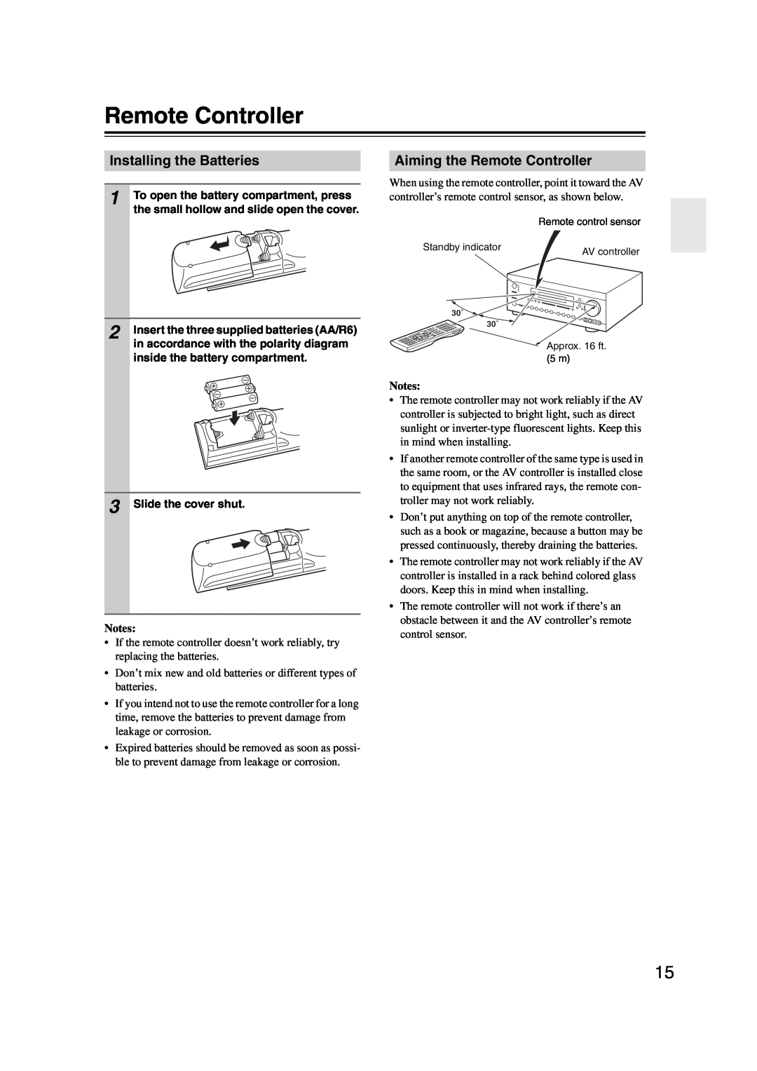 Integra DHC-9.9 instruction manual Installing the Batteries, Aiming the Remote Controller, Notes 