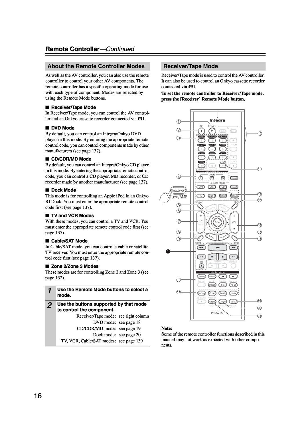 Integra DHC-9.9 instruction manual Remote Controller—Continued, About the Remote Controller Modes, Receiver/Tape Mode 