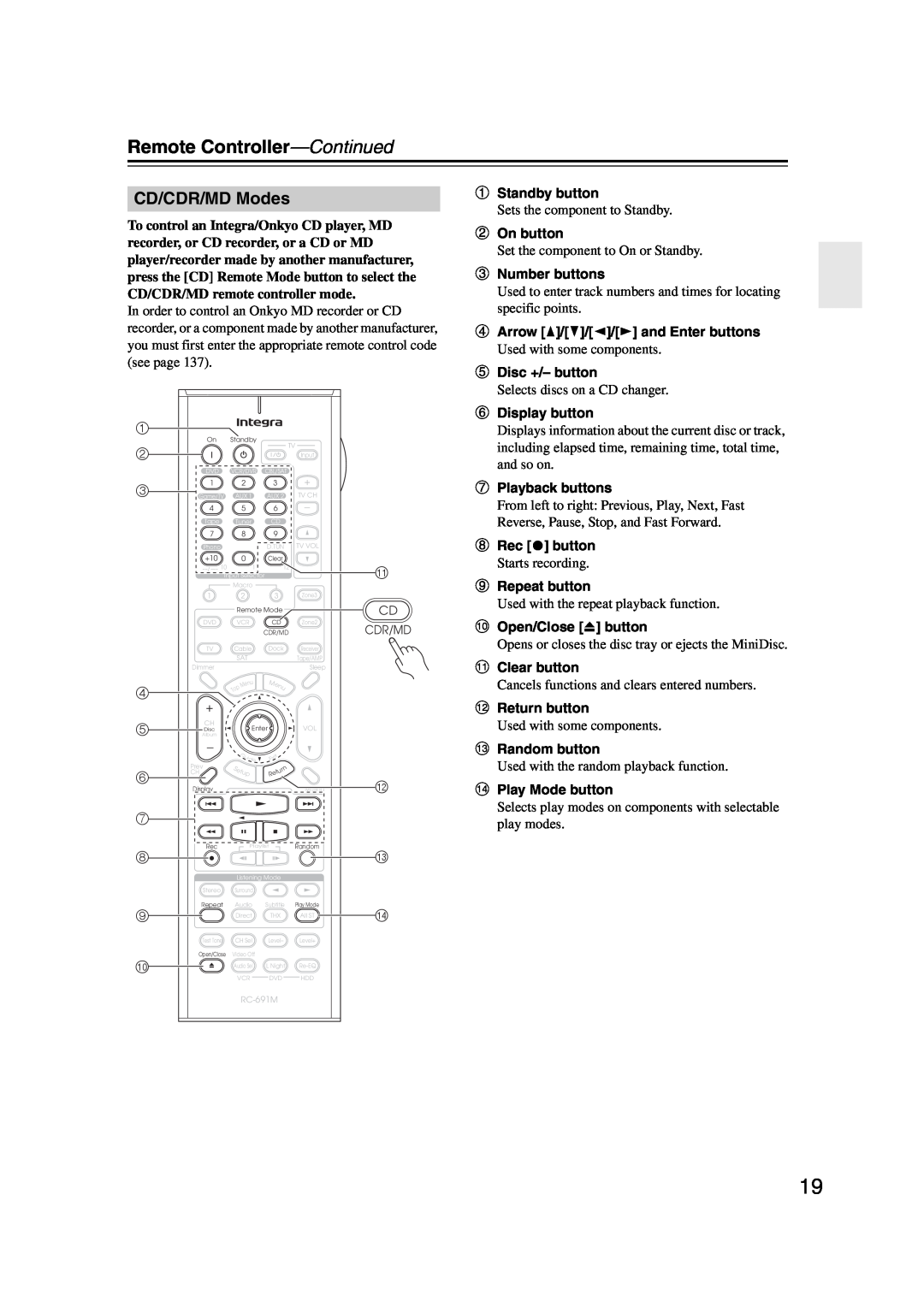 Integra DHC-9.9 instruction manual CD/CDR/MD Modes, Remote Controller—Continued 