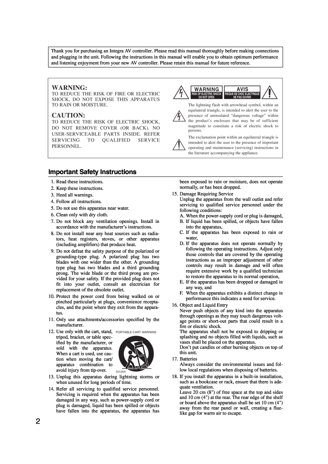 Integra DHC-9.9 instruction manual Important Safety Instructions, Avis 
