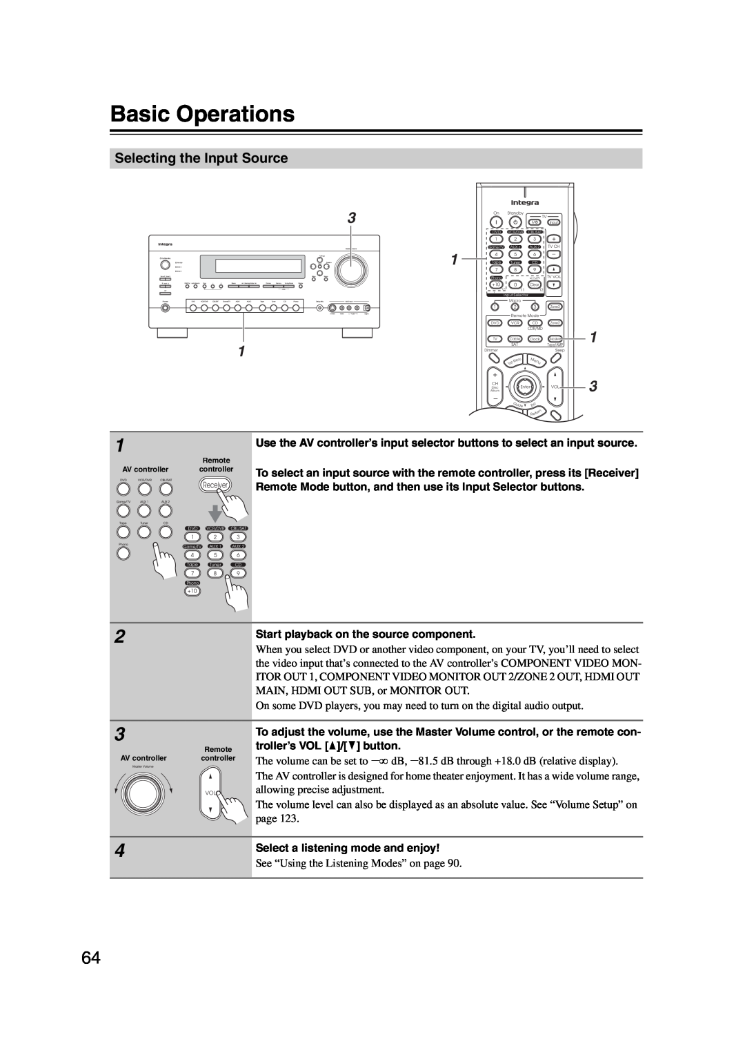 Integra DHC-9.9 instruction manual Basic Operations, Selecting the Input Source 