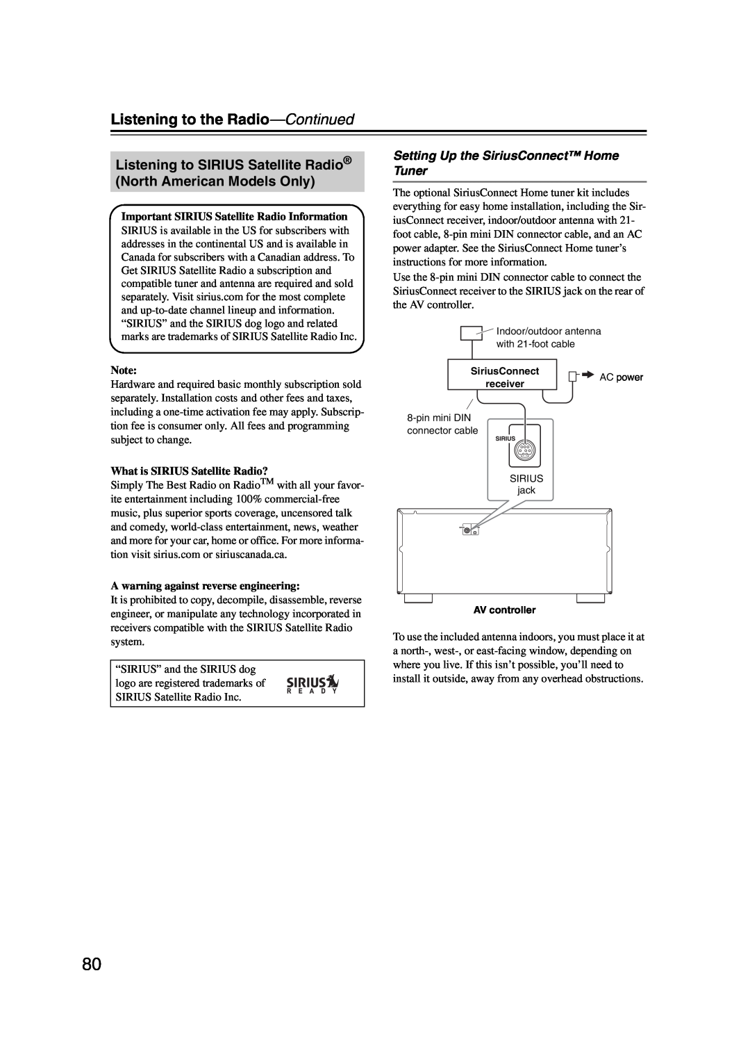 Integra DHC-9.9 instruction manual Setting Up the SiriusConnect Home Tuner, Important SIRIUS Satellite Radio Information 