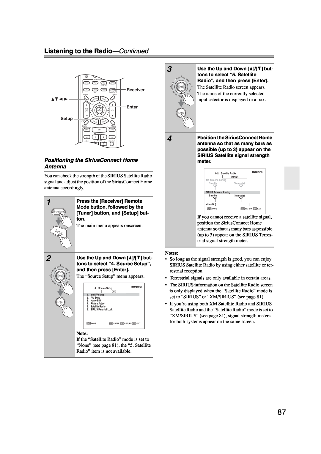 Integra DHC-9.9 instruction manual Positioning the SiriusConnect Home Antenna, Listening to the Radio—Continued, Notes 