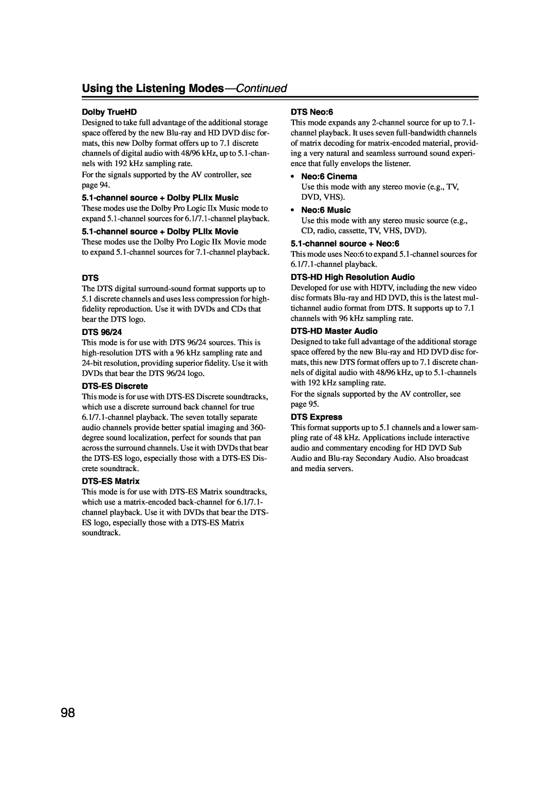 Integra DHC-9.9 instruction manual Using the Listening Modes—Continued, Dolby TrueHD 