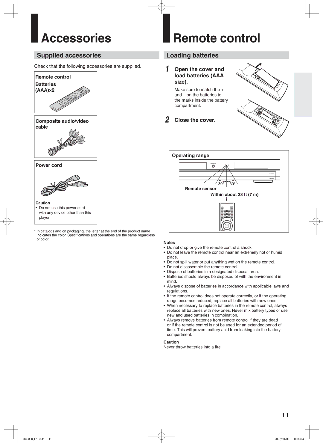 Integra DHS-8.8 manual Accessories, Remote control, Supplied accessories, Loading batteries 