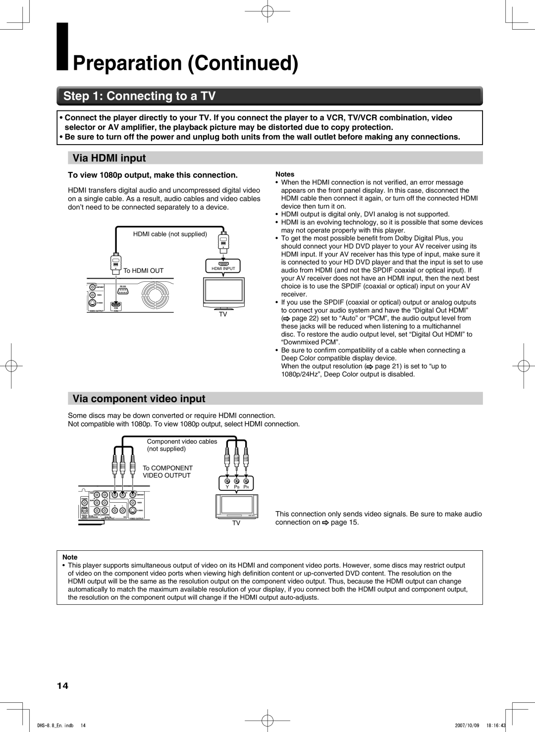 Integra DHS-8.8 Connecting to a TV, Via Hdmi input, Via component video input, To view 1080p output, make this connection 