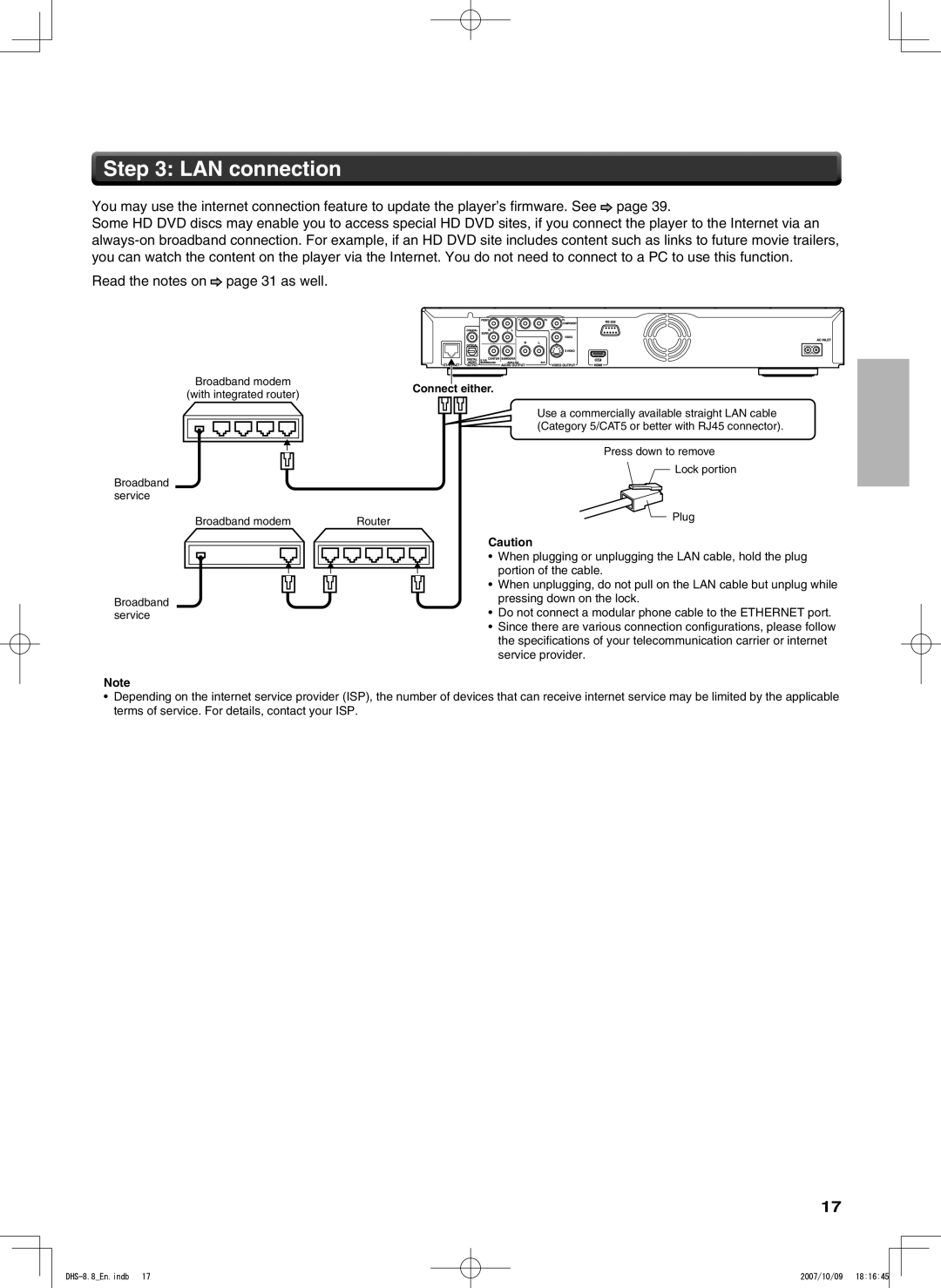 Integra DHS-8.8 manual LAN connection, 0RESSEDOWN to Remove Ockkportion, Roadbanddmodem 2OUTER 