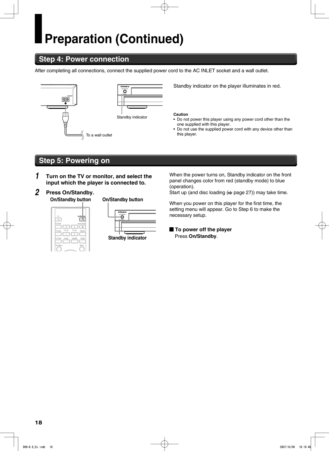 Integra DHS-8.8 manual Power connection, Powering on, Turn on the TV or monitor, and select, Press On/Standby 