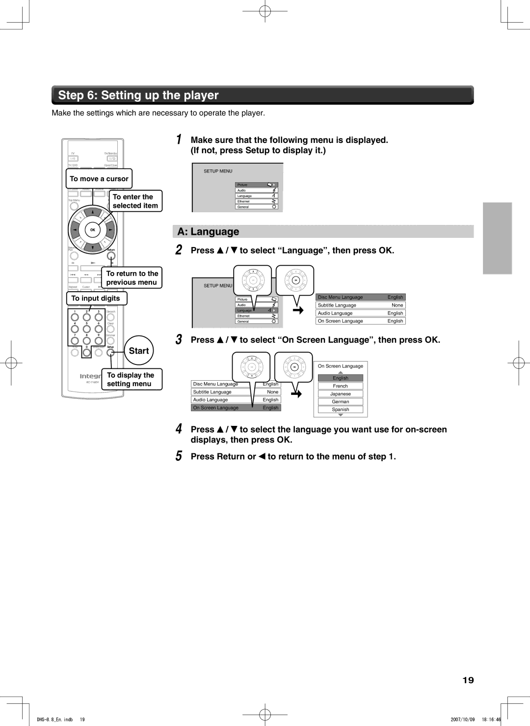 Integra DHS-8.8 manual Setting up the player, Language 