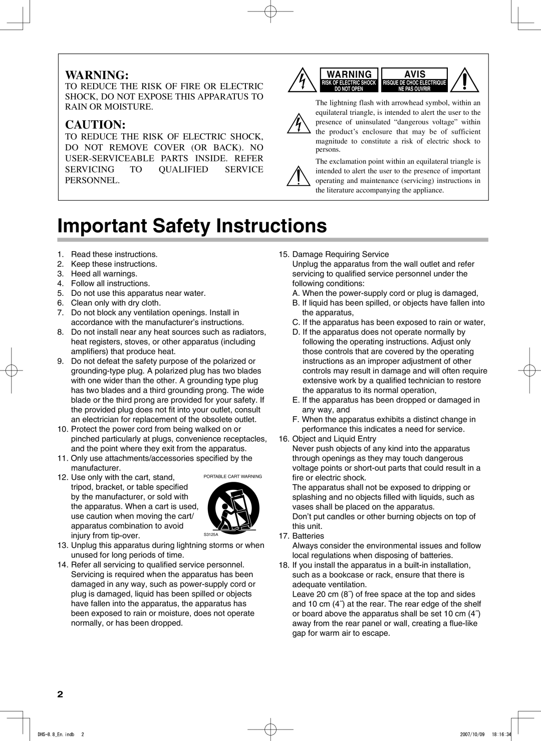 Integra DHS-8.8 manual Important Safety Instructions 