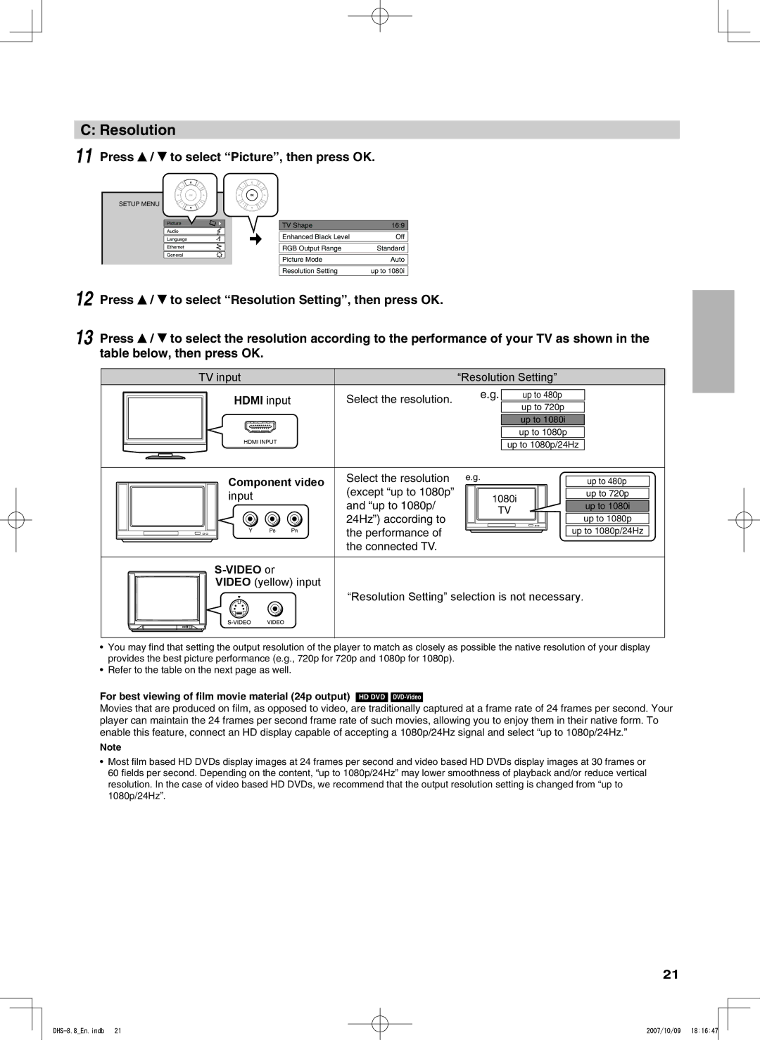 Integra DHS-8.8 Resolution, Press / to select Picture, then press OK, For best viewing of film movie material 24p output 