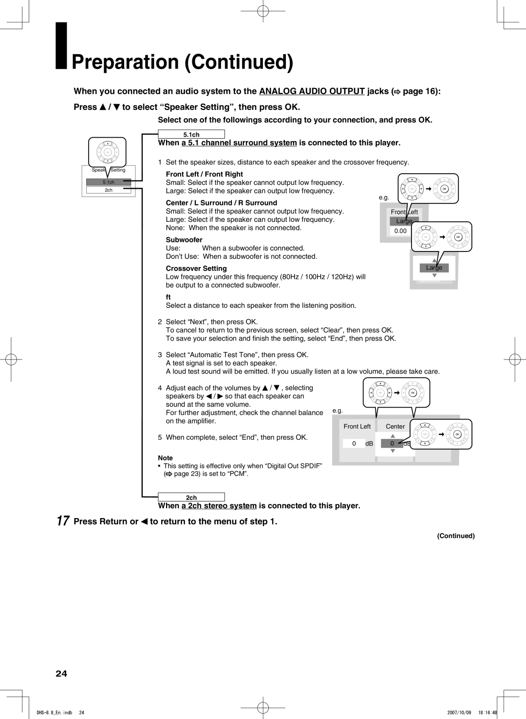 Integra DHS-8.8 manual When a 2ch stereo system is connected to this player, Front Left / Front Right, Subwoofer 