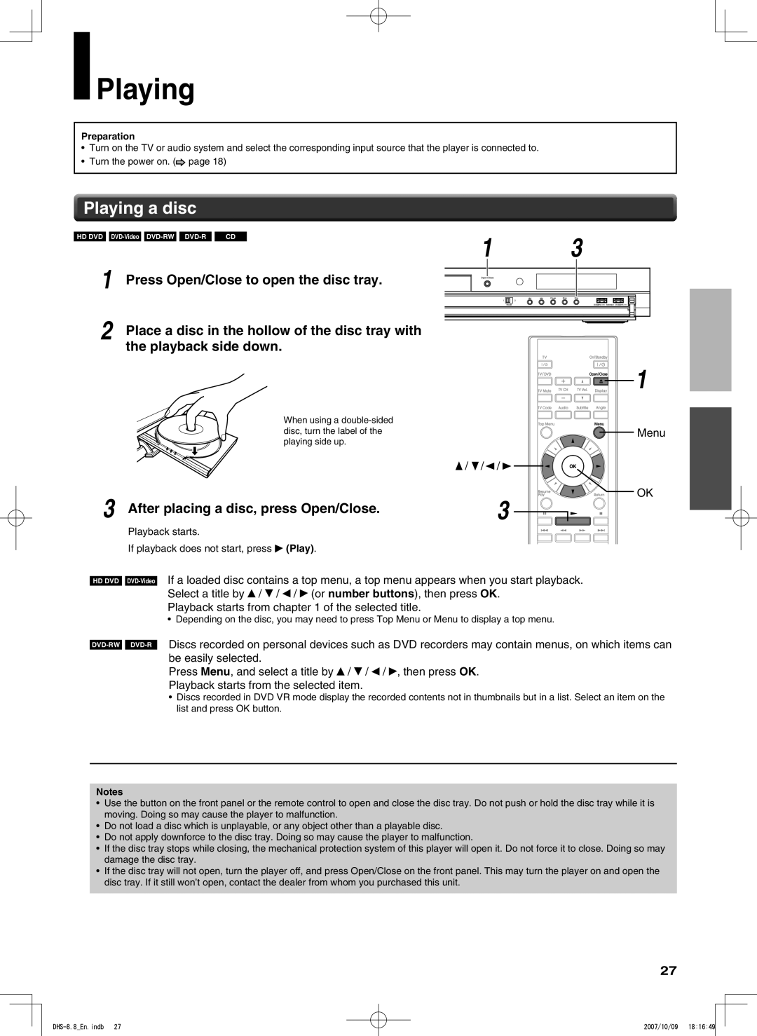 Integra DHS-8.8 manual Playing a disc 