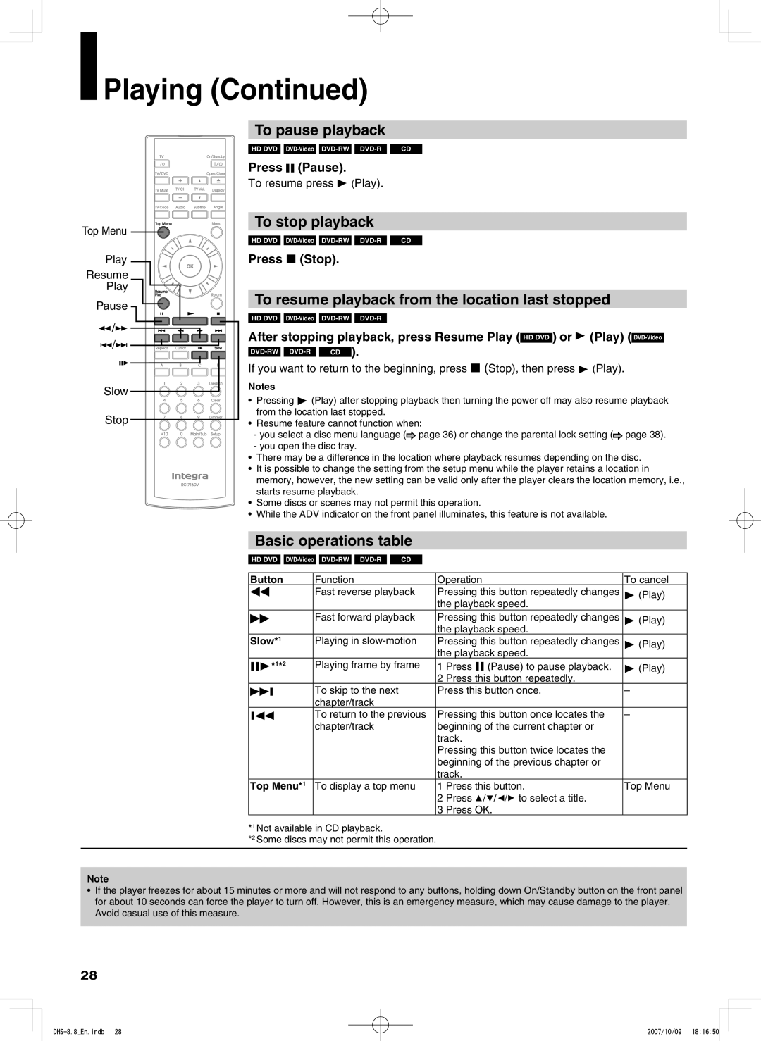 Integra DHS-8.8 manual To pause playback, To stop playback, To resume playback from the location last stopped 