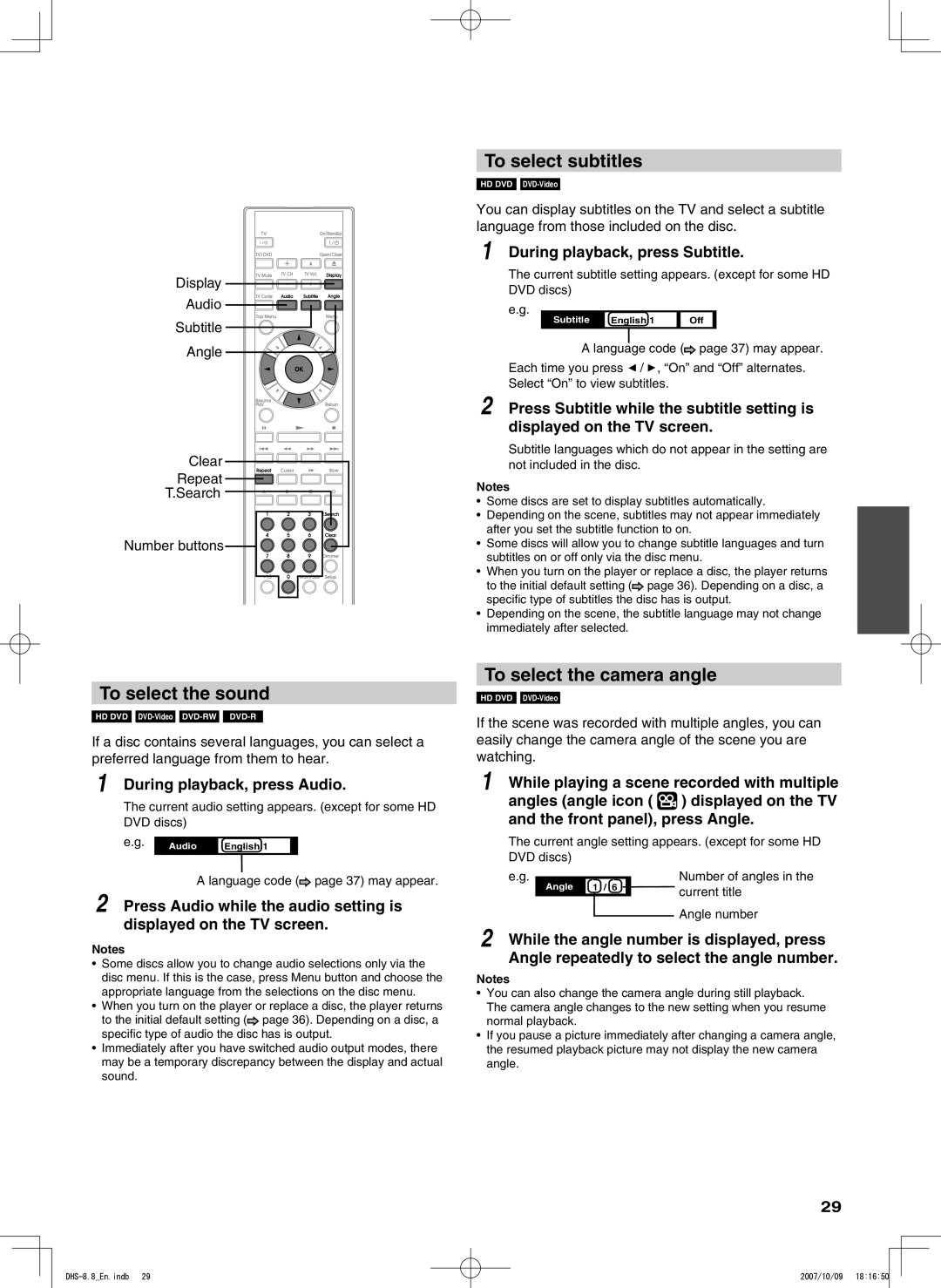 Integra DHS-8.8 manual To select subtitles, To select the sound, To select the camera angle 