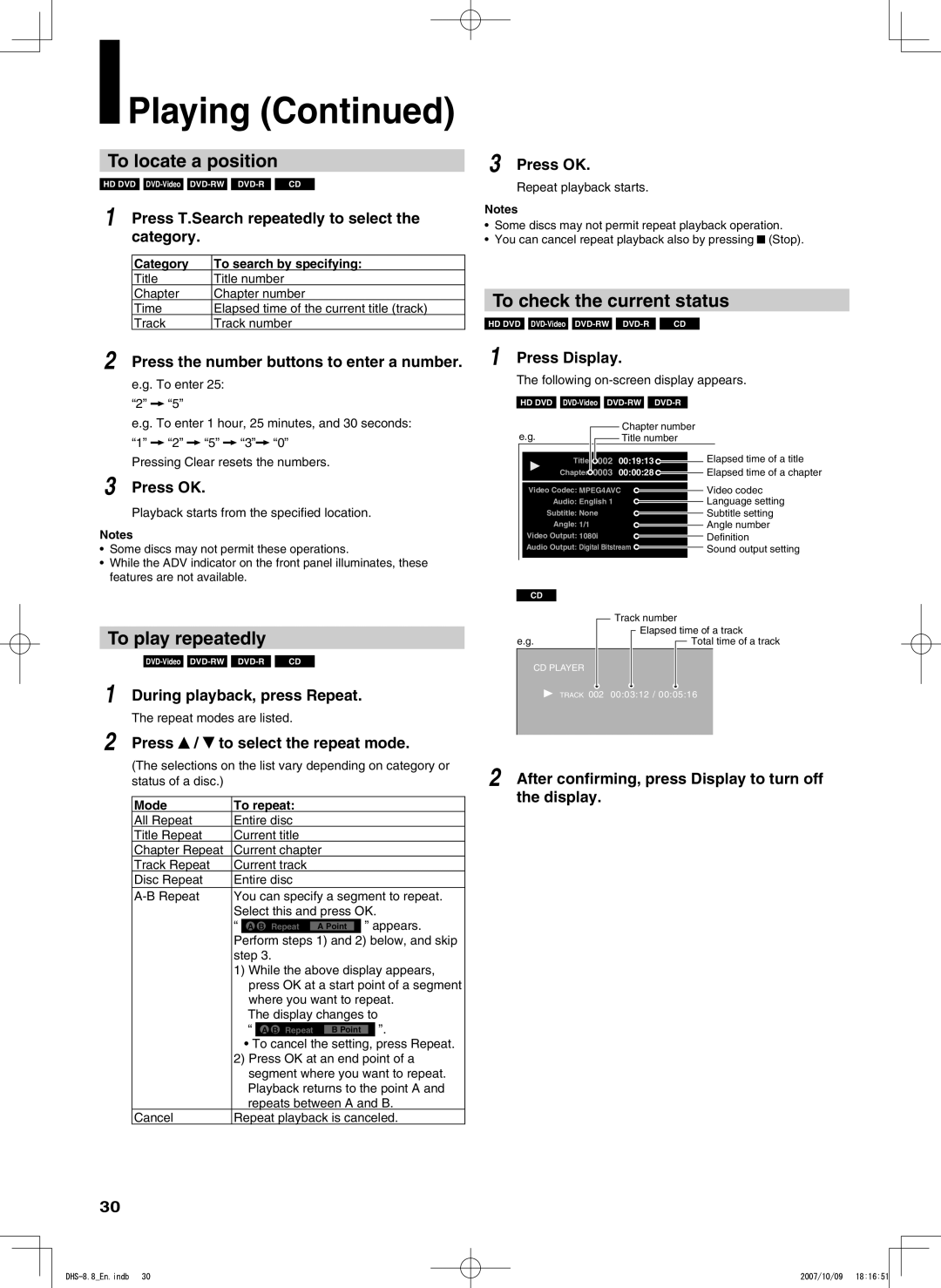 Integra DHS-8.8 manual To locate a position, To check the current status, To play repeatedly 