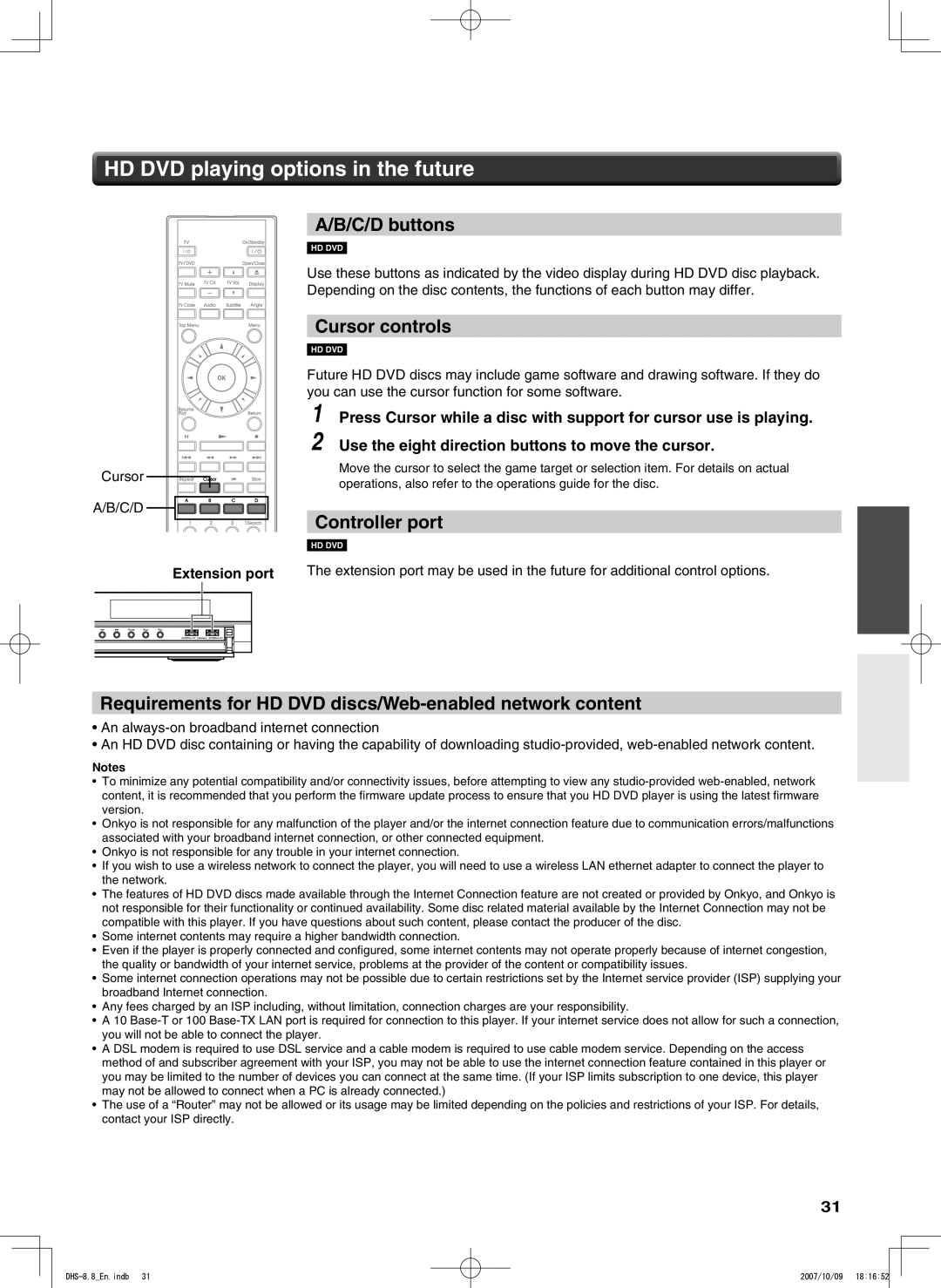 Integra DHS-8.8 manual HD DVD playing options in the future, C/D buttons, Cursor controls, Controller port 