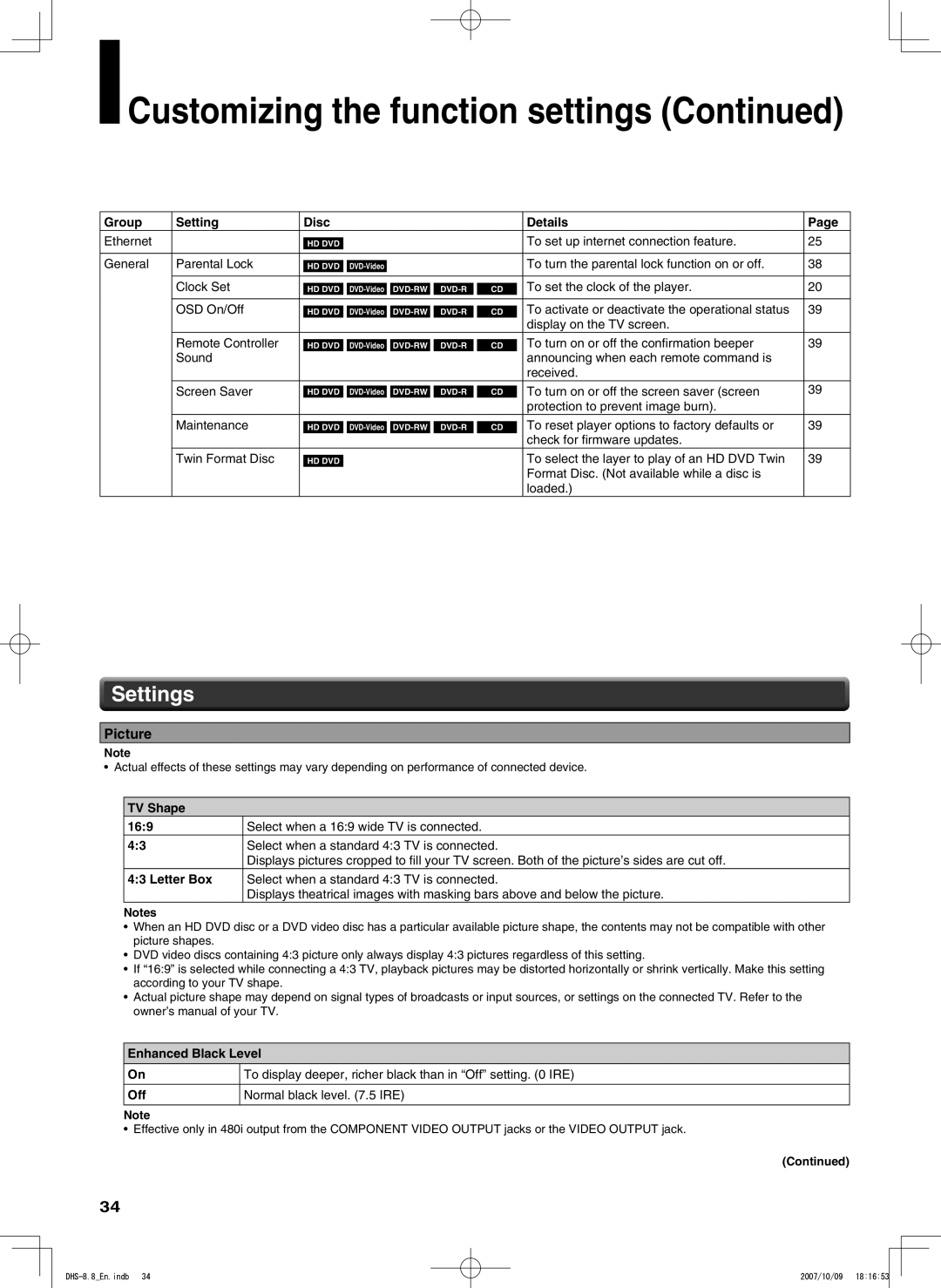 Integra DHS-8.8 manual Settings, Picture, TV Shape 169, Letter Box, Enhanced Black Level Off 